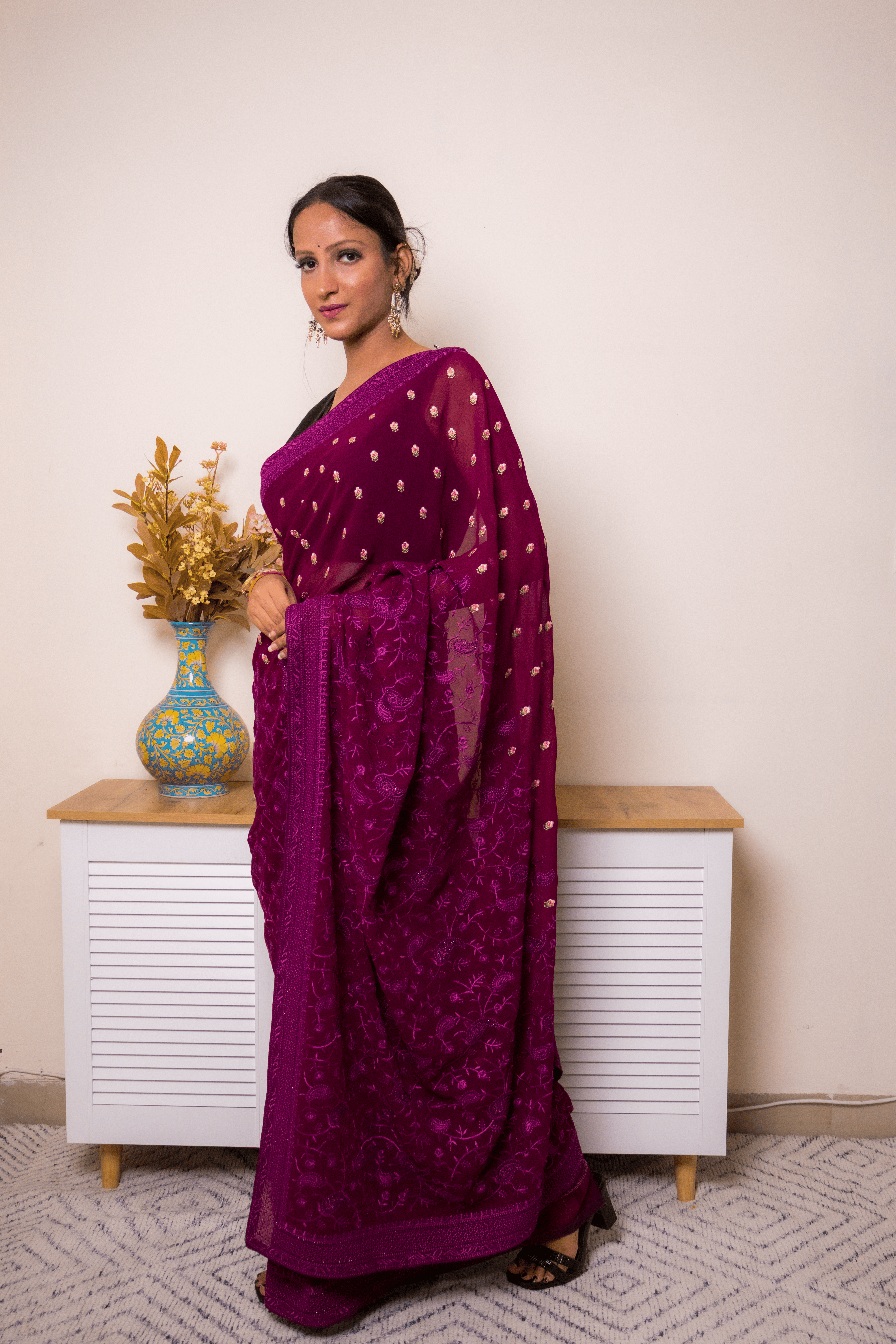 Wine Embroidered Georgette Saree with Gold Buti - IMG_1374