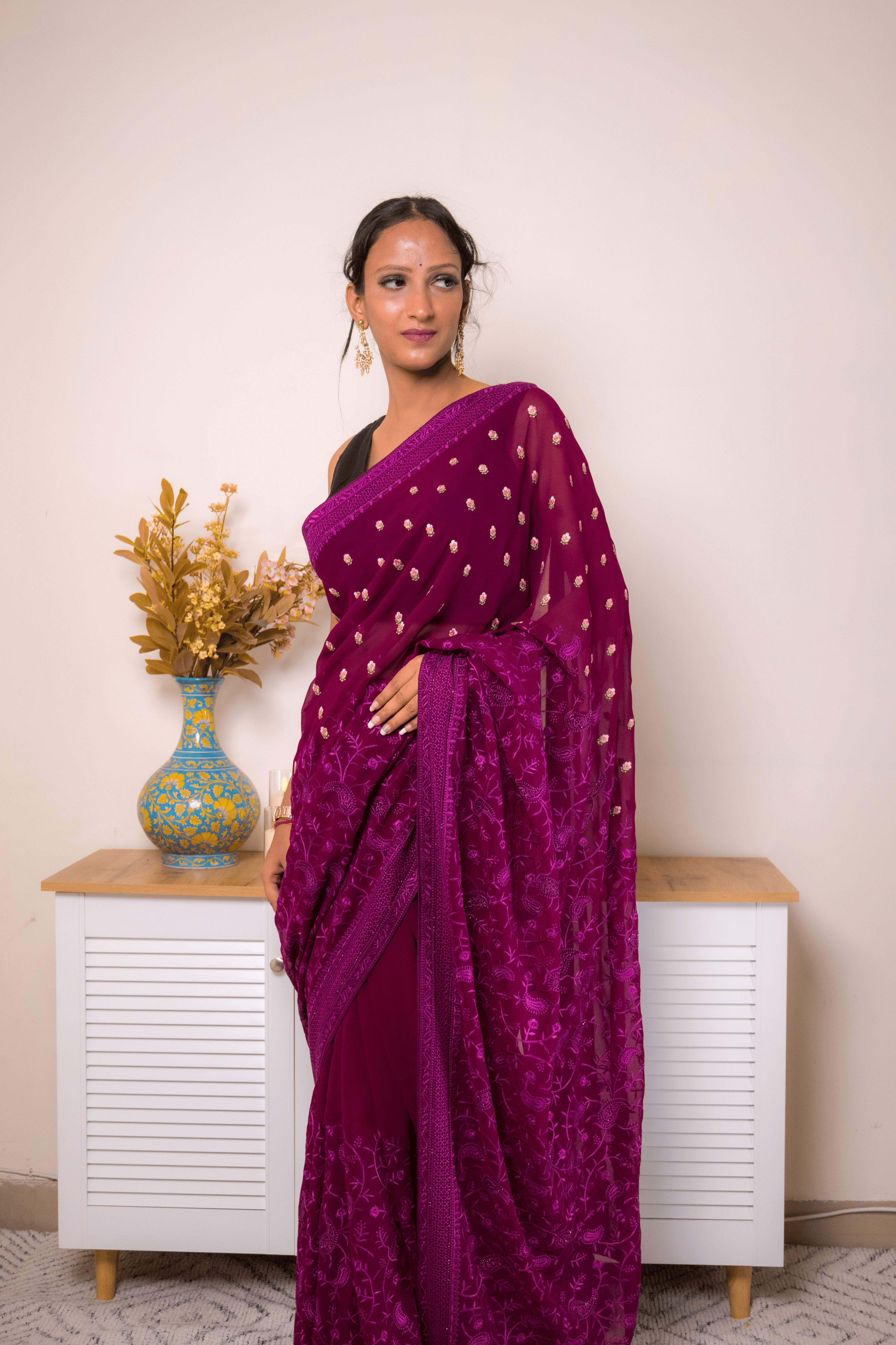 Wine Embroidered Georgette Saree with Gold Buti - IMG_1376