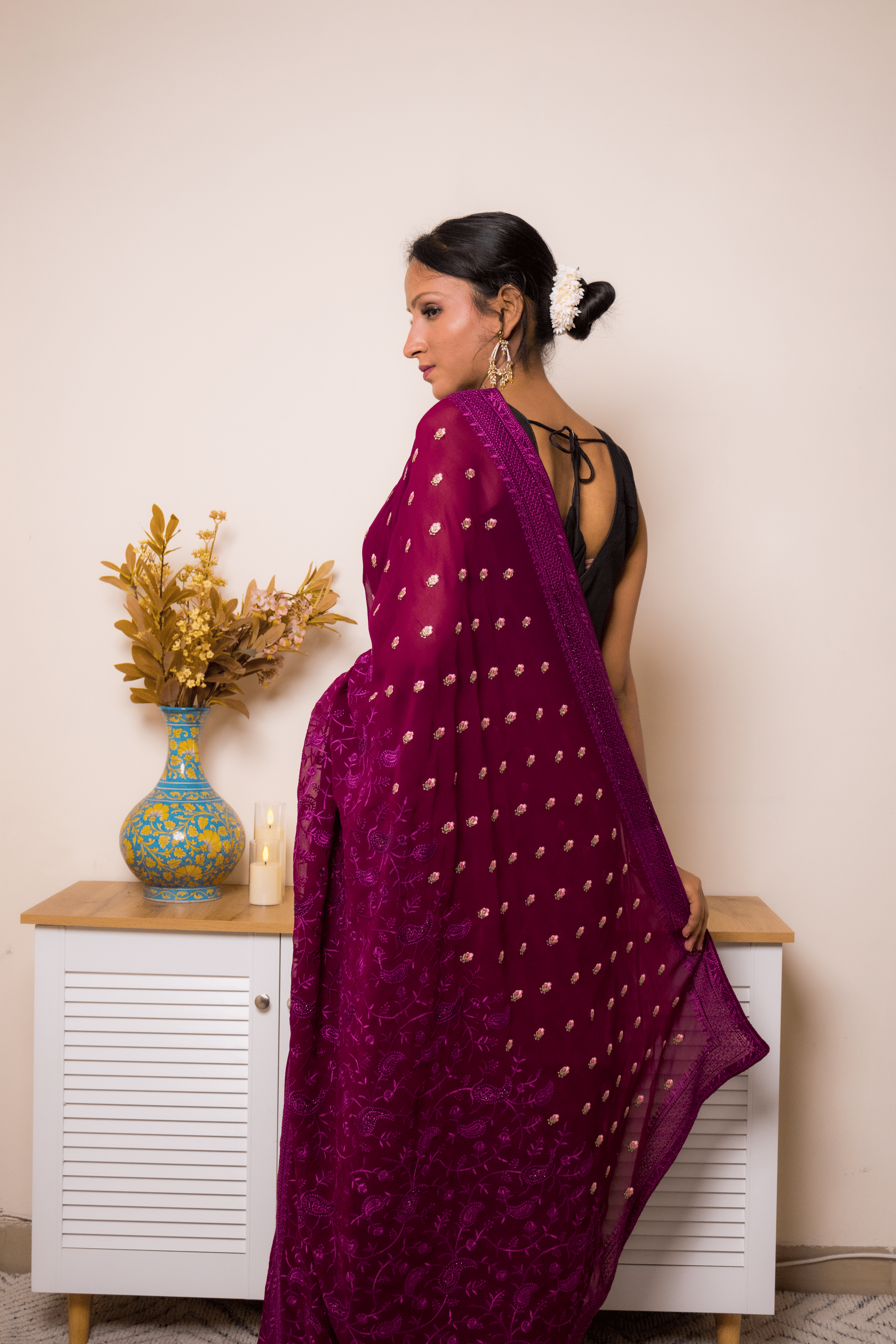 Wine Embroidered Georgette Saree with Gold Buti - IMG_1378