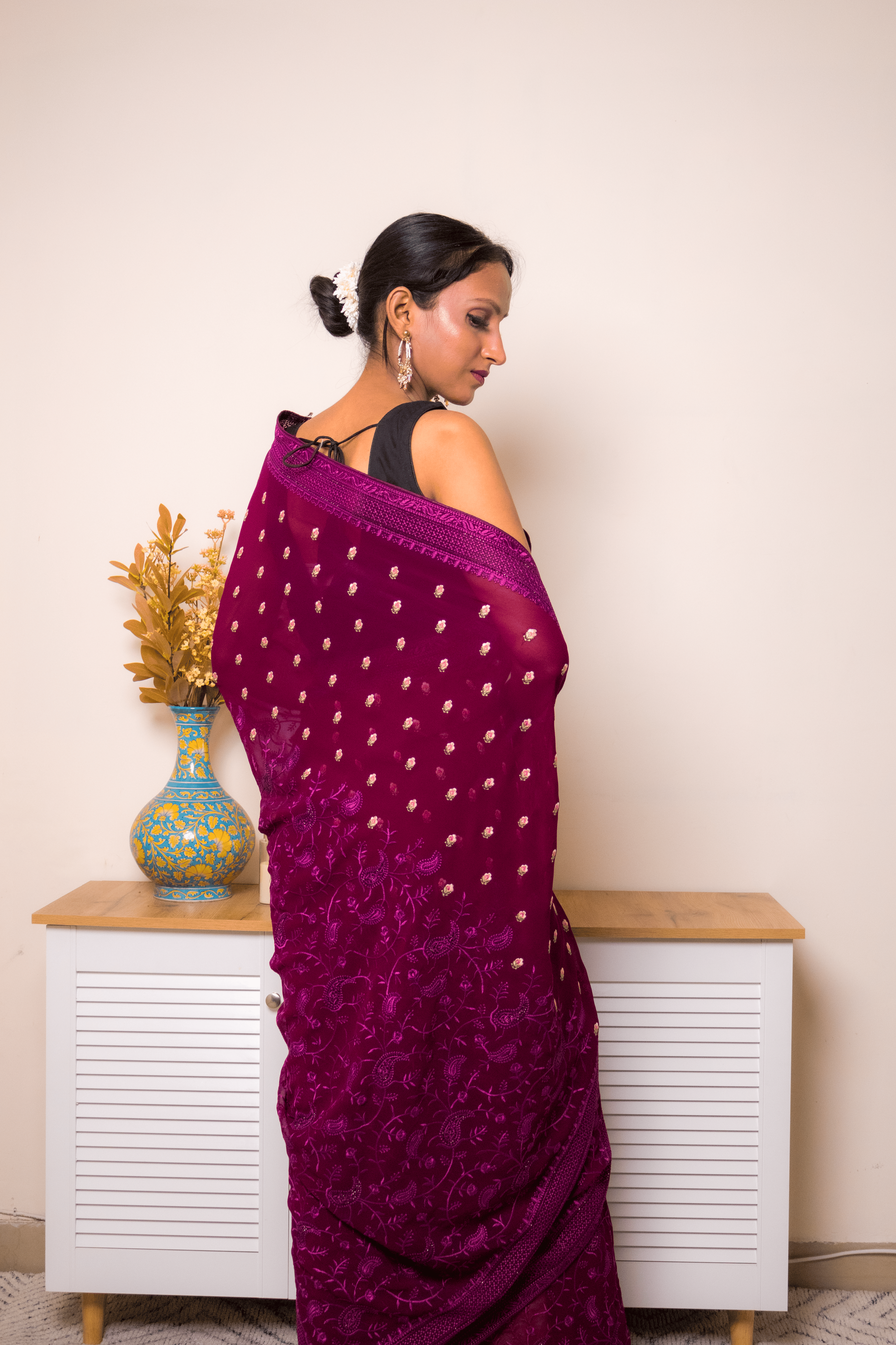 Wine Embroidered Georgette Saree with Gold Buti - IMG_1380