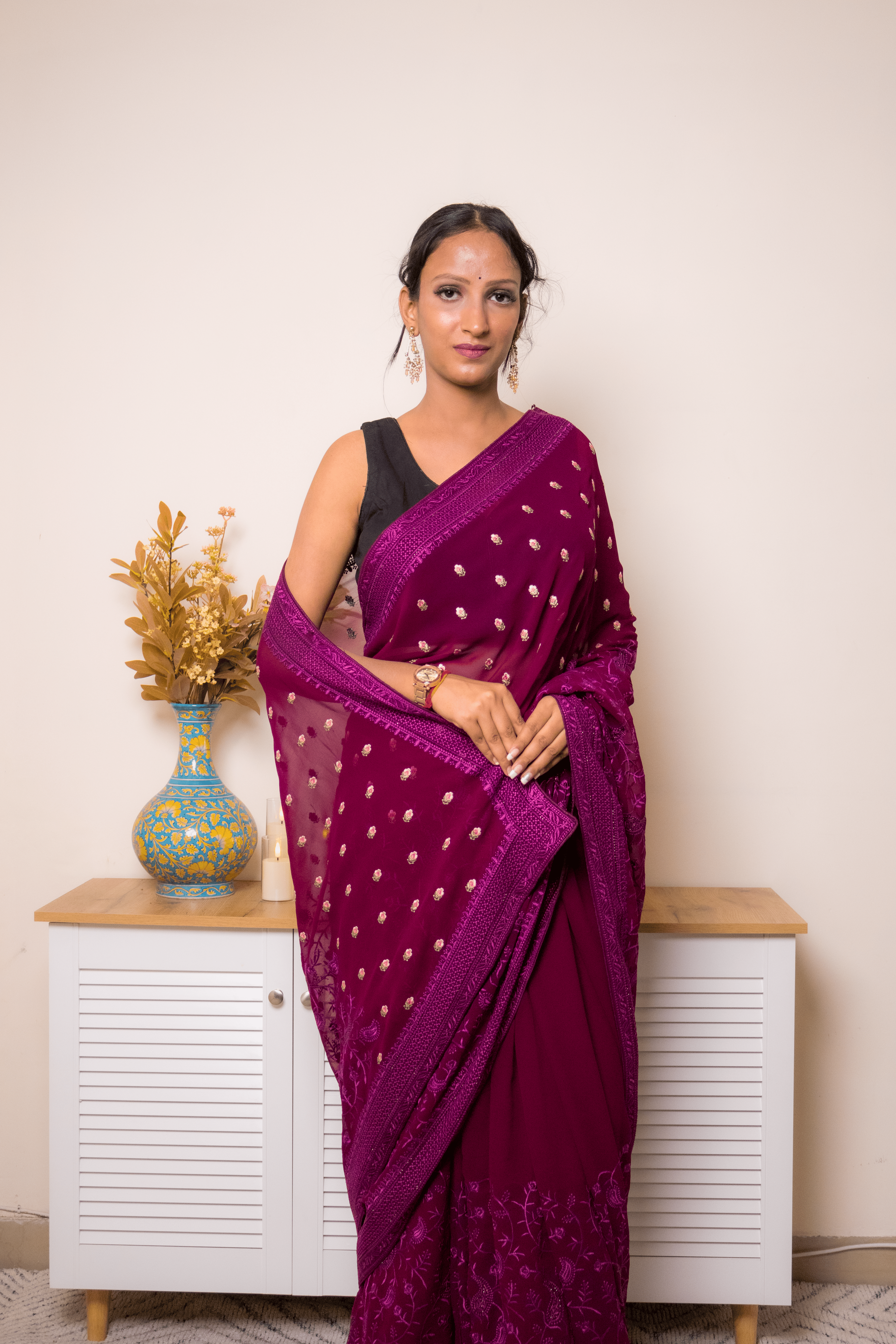 Wine Embroidered Georgette Saree with Gold Buti - IMG_1383