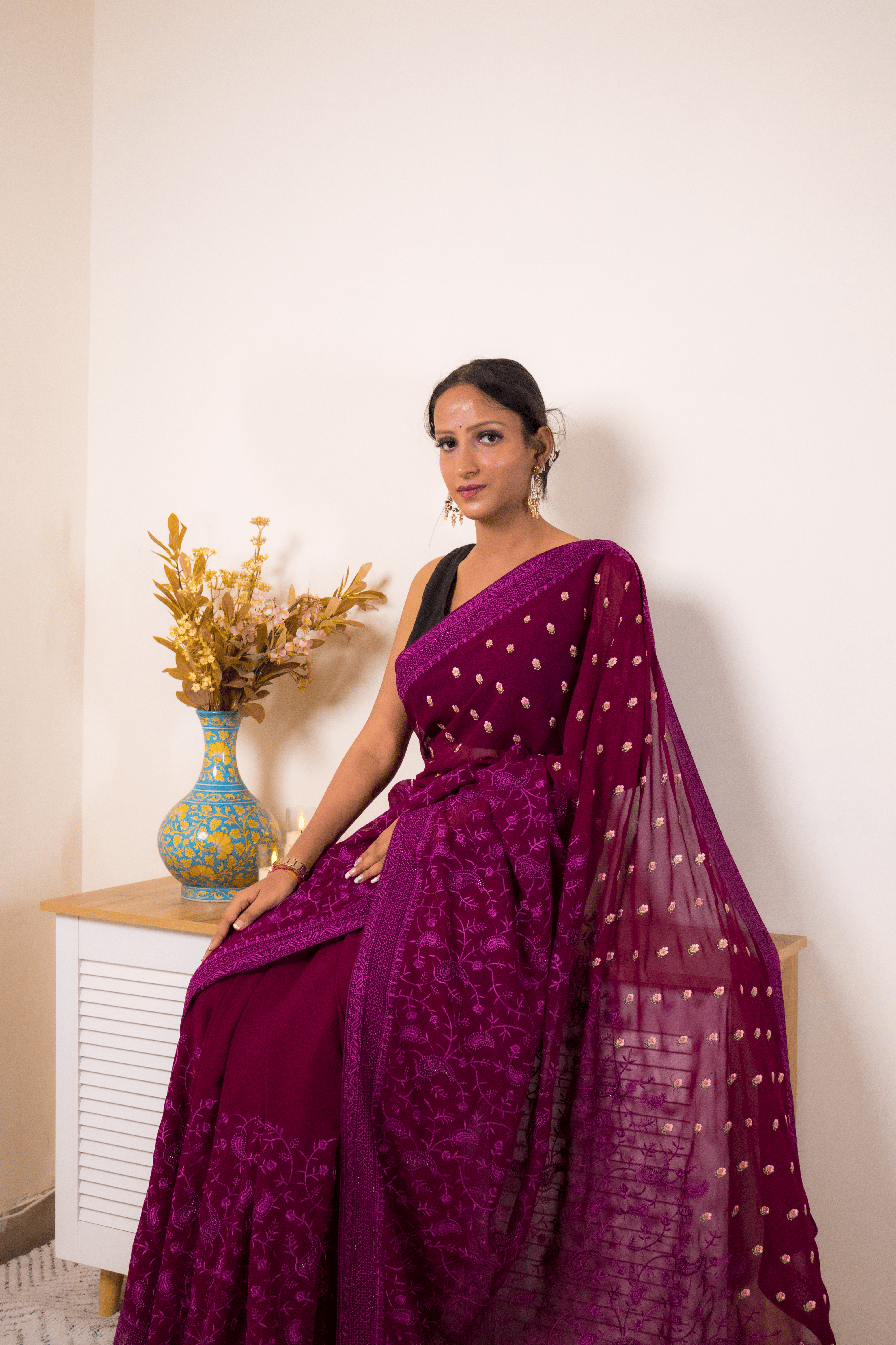 Wine Embroidered Georgette Saree with Gold Buti - IMG_1385