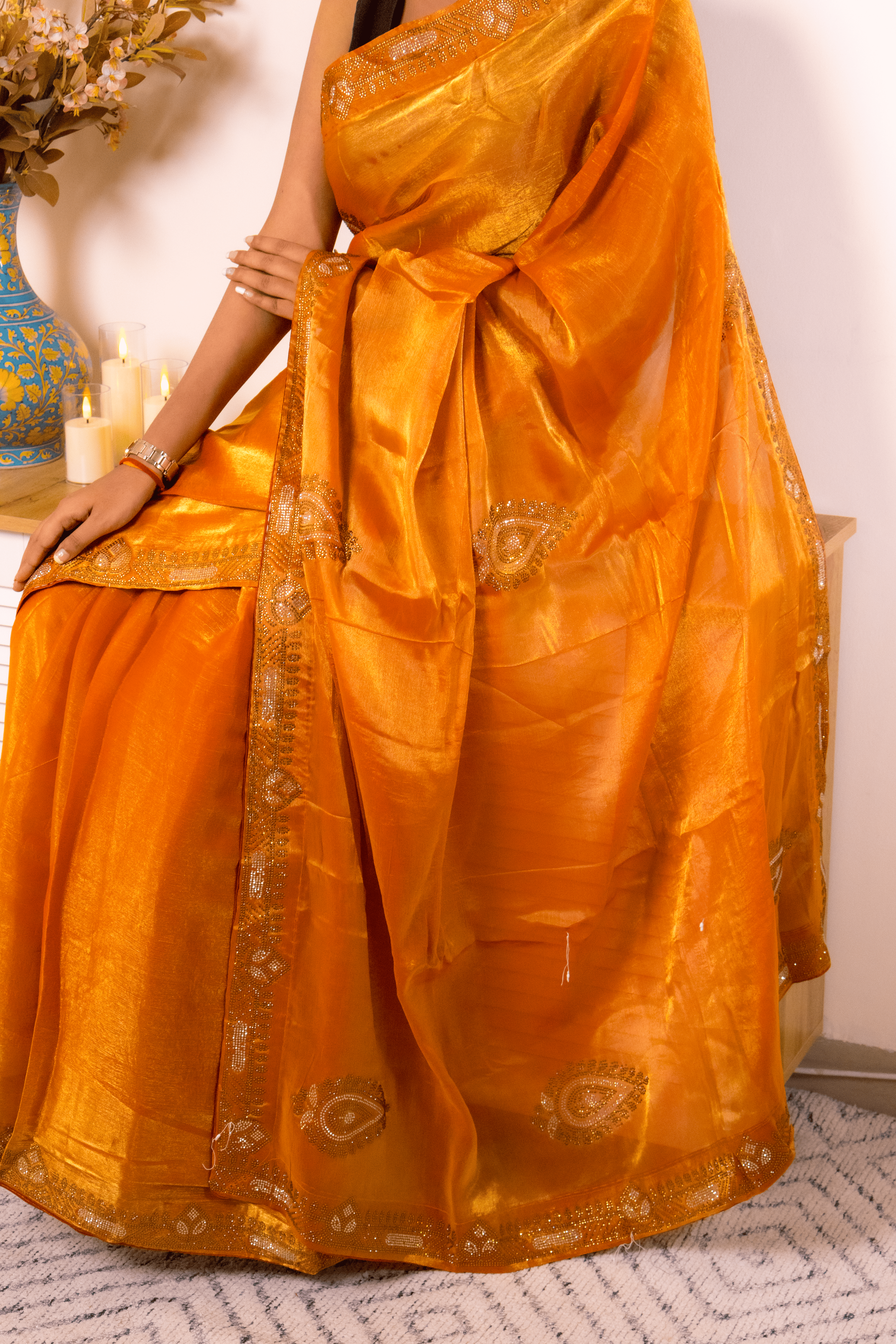 Orange Pure Silk Saree with Gold Zari Paisley Border - IMG_1408