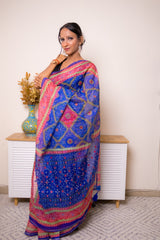 Royal Blue Bandhani Georgette Saree with Pink-Gold Border - IMG_1414