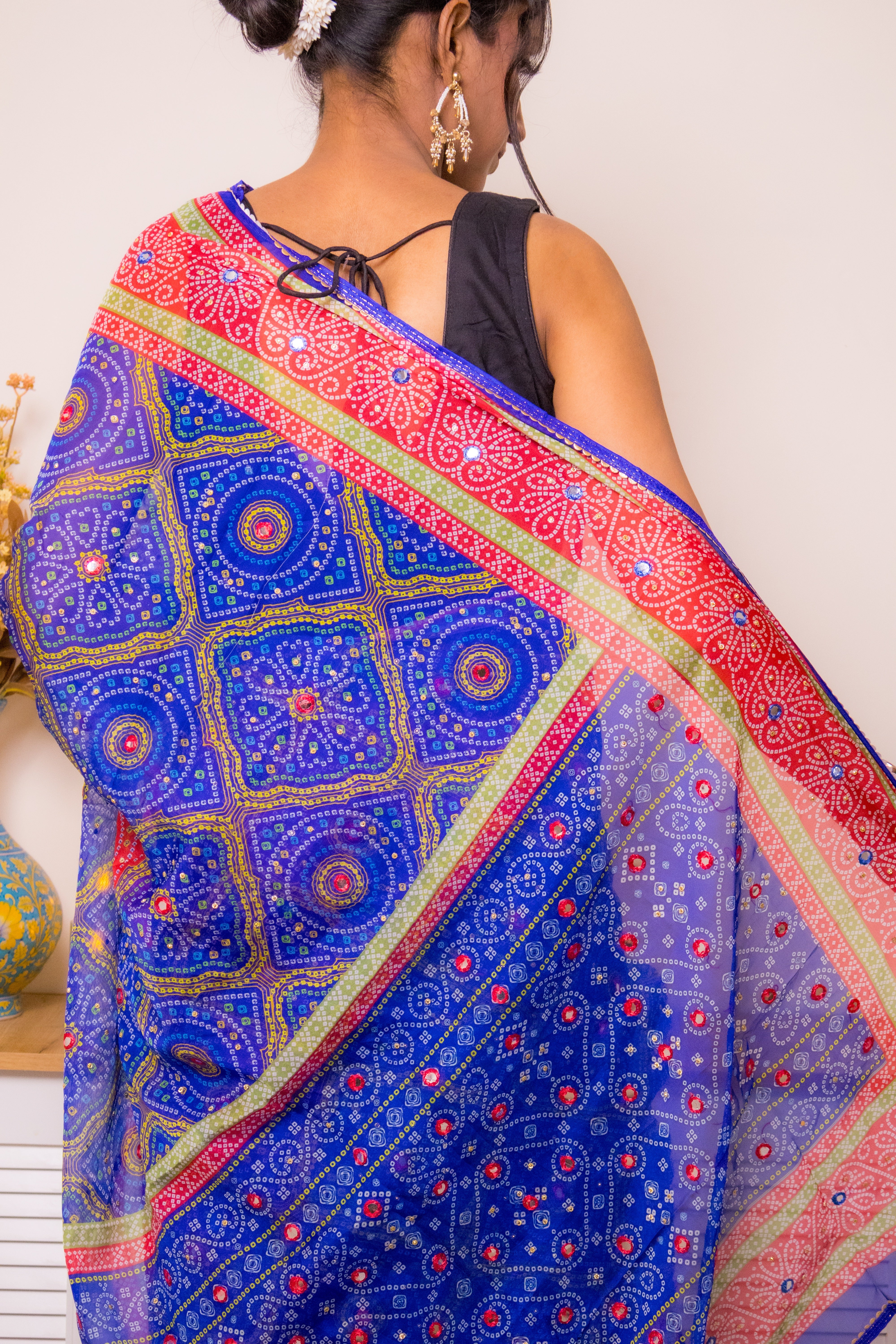Royal Blue Bandhani Georgette Saree with Pink-Gold Border - IMG_1417