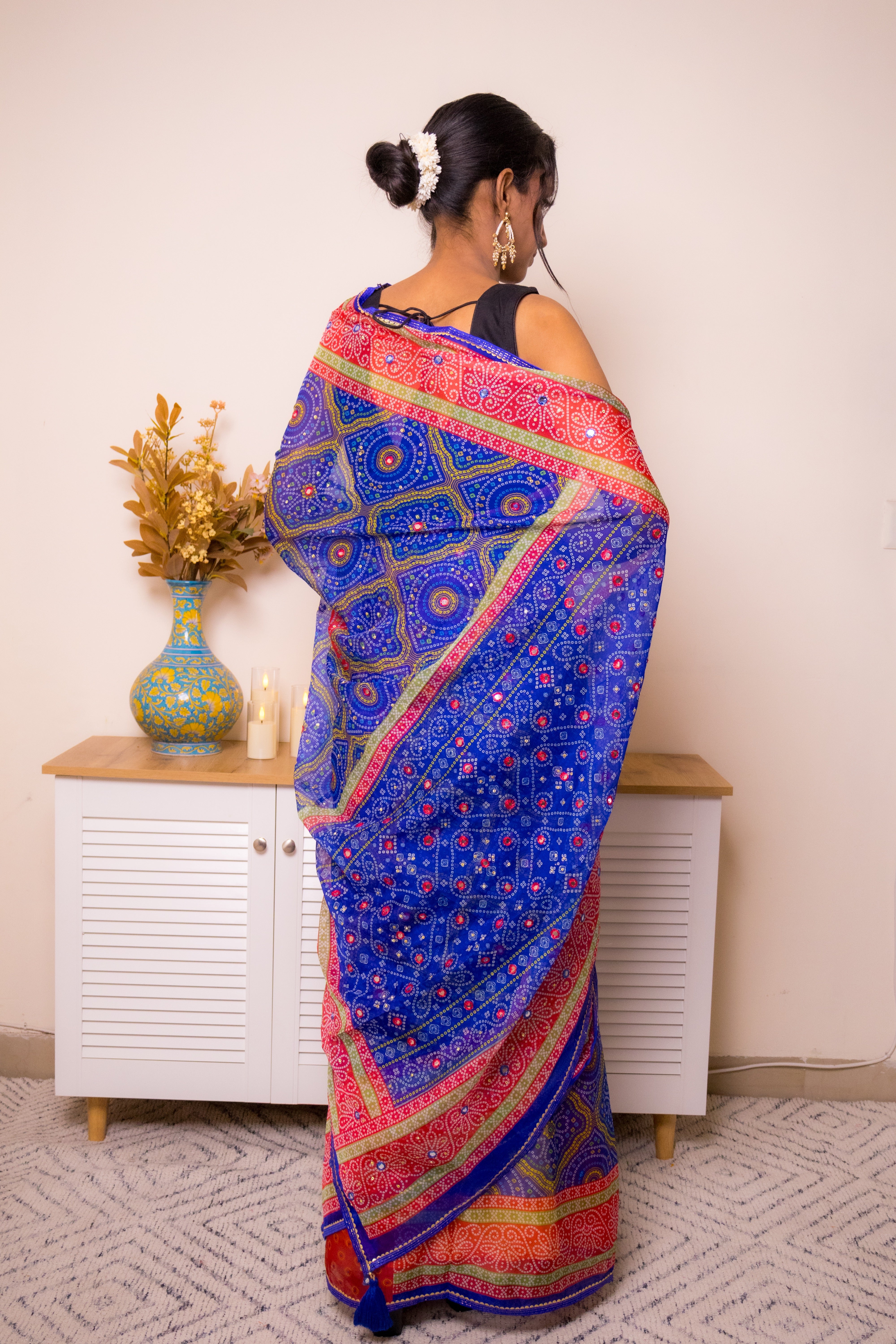 Royal Blue Bandhani Georgette Saree with Pink-Gold Border - IMG_1420