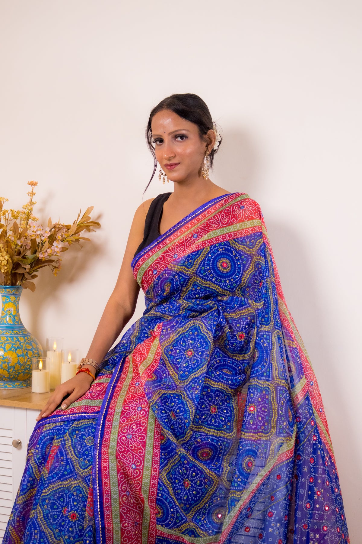 Royal Blue Bandhani Georgette Saree with Pink-Gold Border - IMG_1423