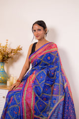 Royal Blue Bandhani Georgette Saree with Pink-Gold Border - IMG_1423