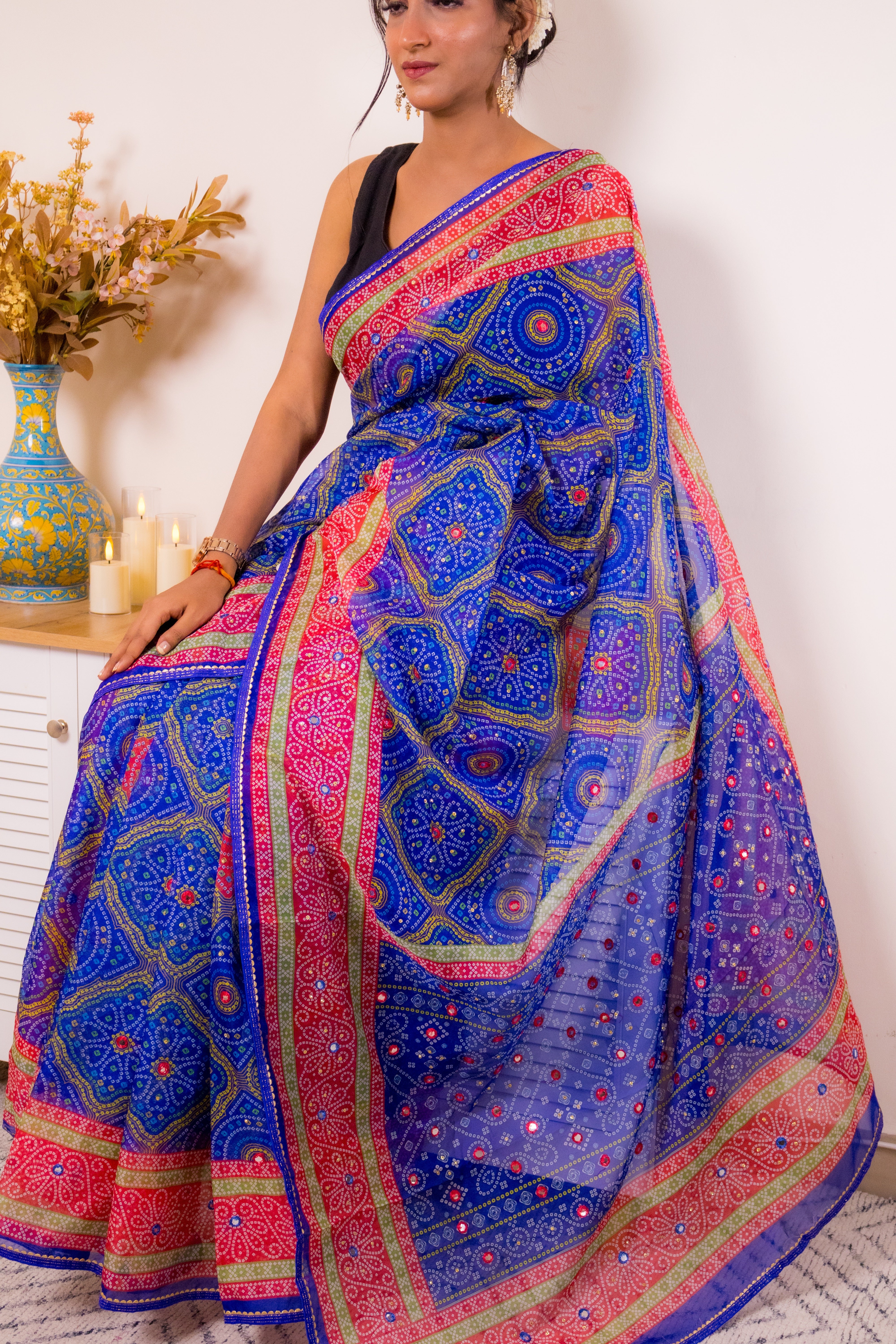 Royal Blue Bandhani Georgette Saree with Pink-Gold Border - IMG_1424