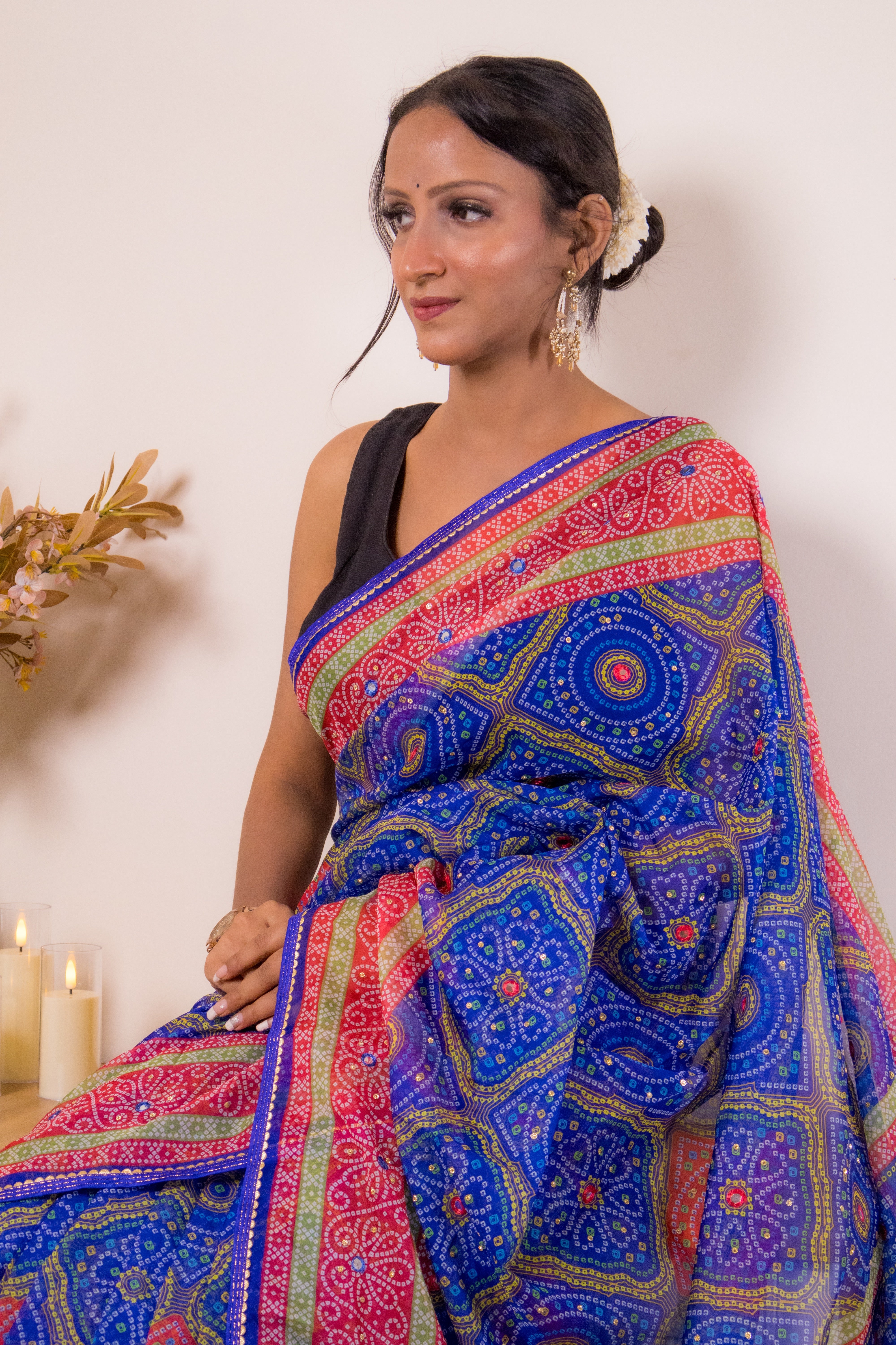 Royal Blue Bandhani Georgette Saree with Pink-Gold Border - IMG_1426