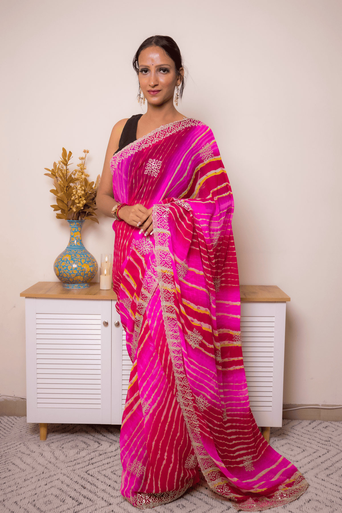 Fuchsia Pink Leheriya Georgette Saree with Zari Border - IMG_1430