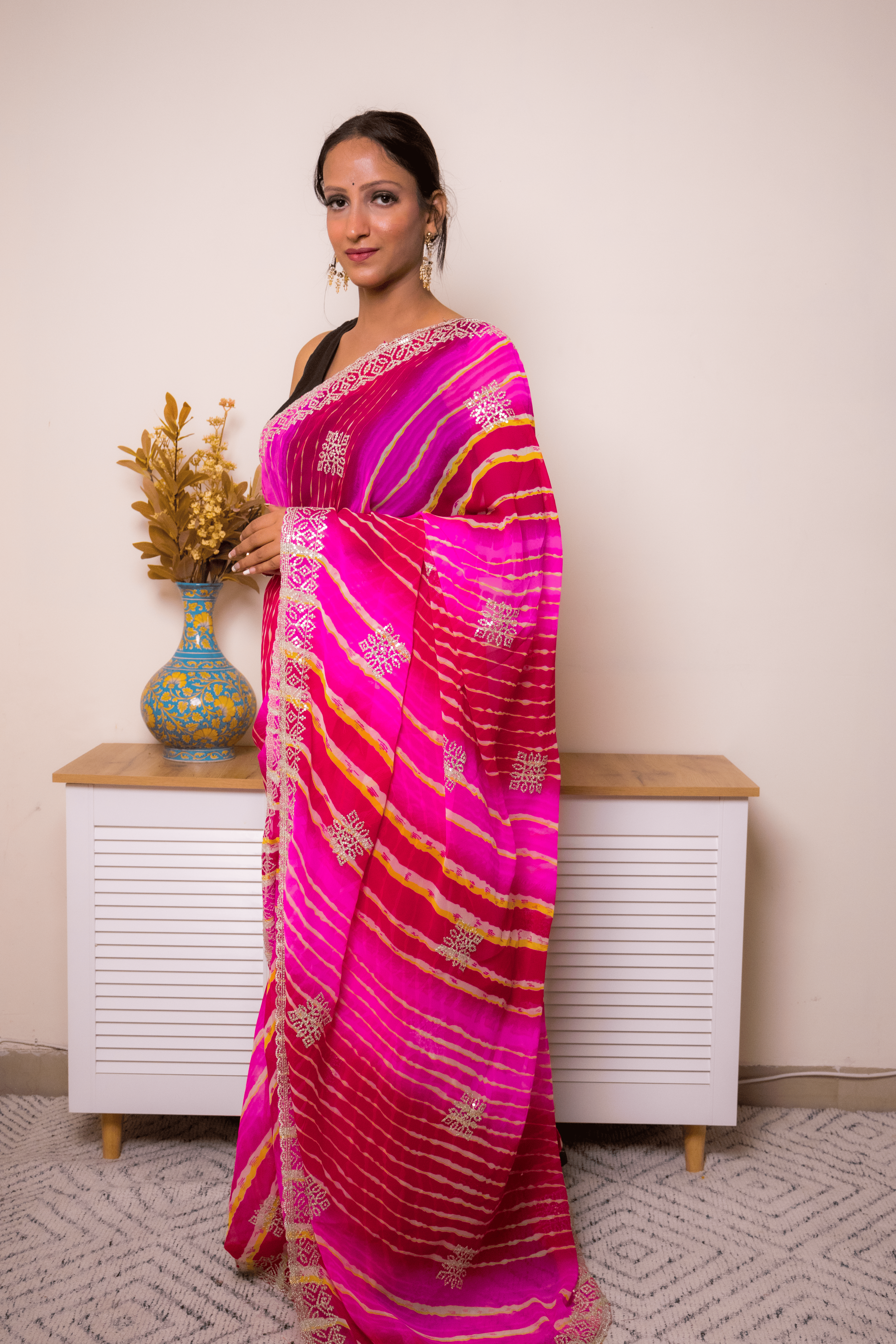 Fuchsia Pink Leheriya Georgette Saree with Zari Border - IMG_1433