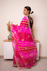 Fuchsia Pink Leheriya Georgette Saree with Zari Border - IMG_1435