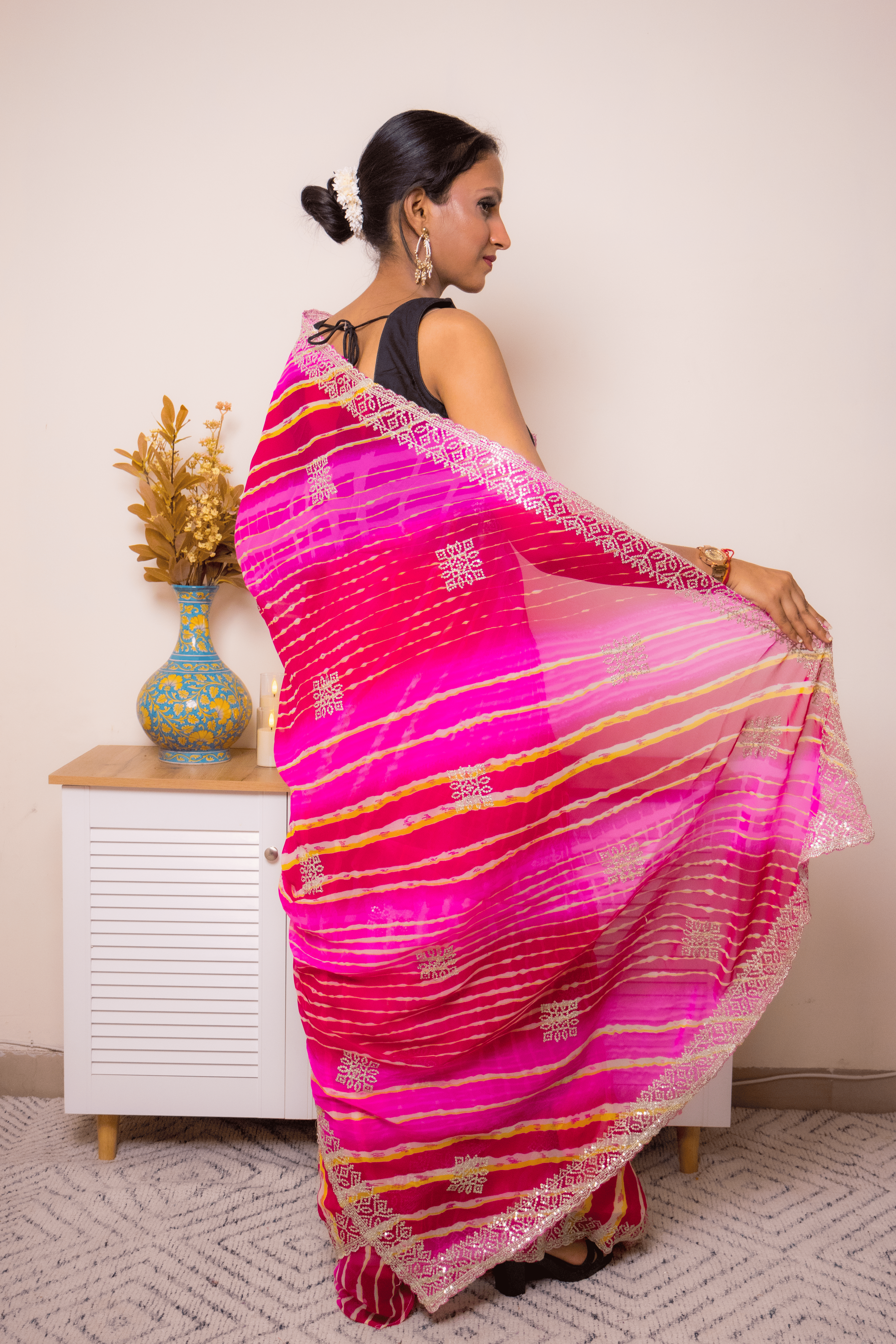 Fuchsia Pink Leheriya Georgette Saree with Zari Border - IMG_1436