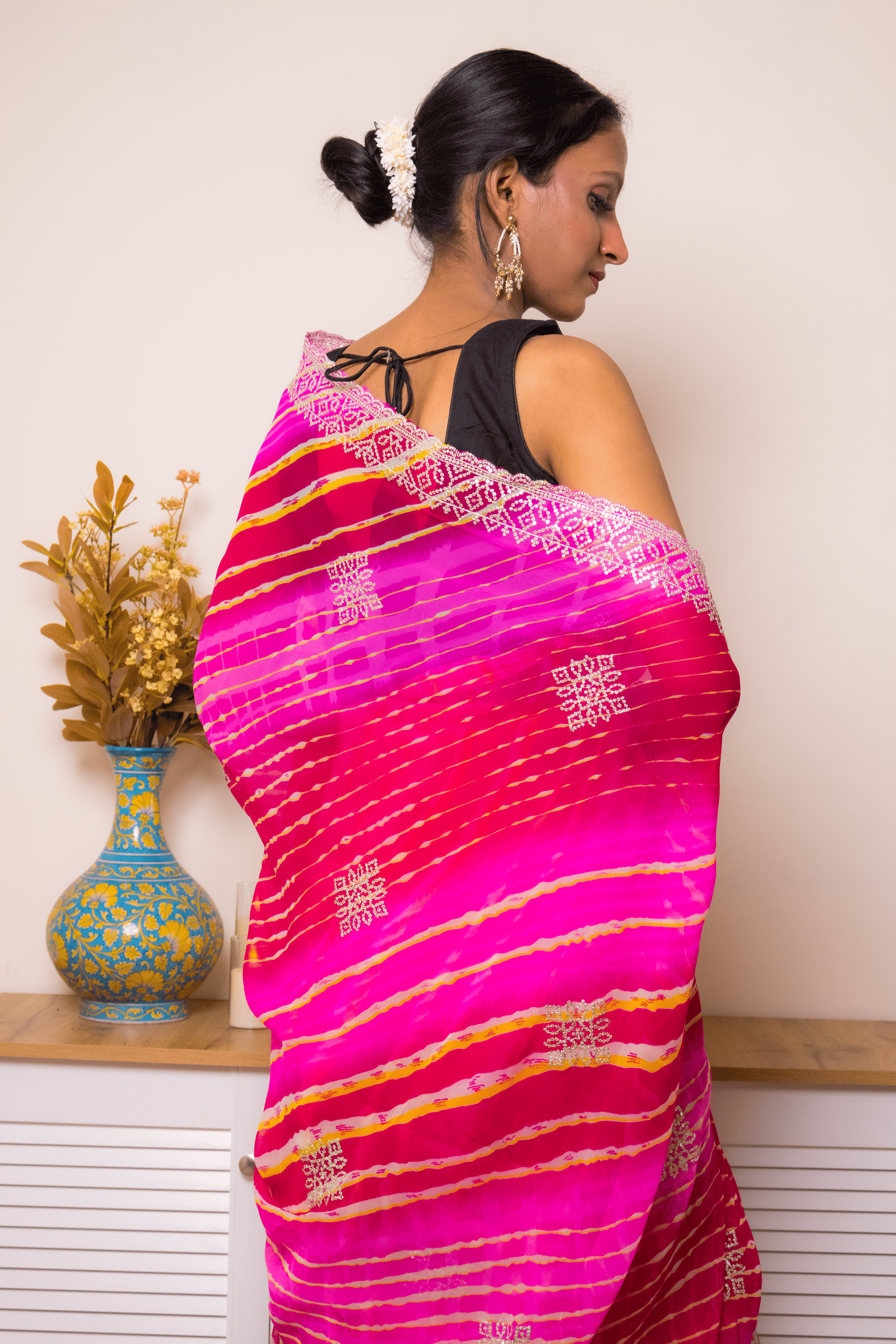Fuchsia Pink Leheriya Georgette Saree with Zari Border - IMG_1438