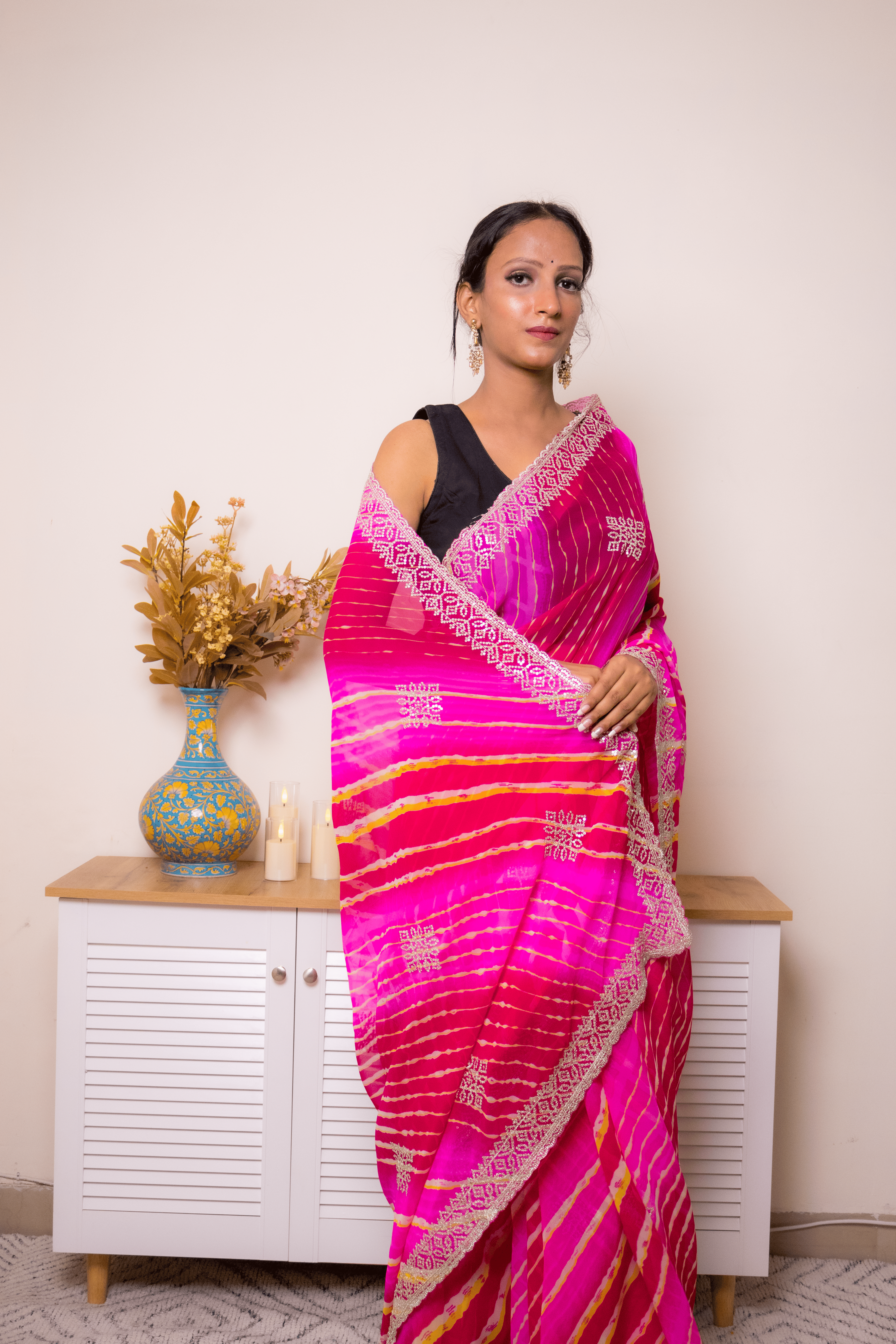 Fuchsia Pink Leheriya Georgette Saree with Zari Border - IMG_1440