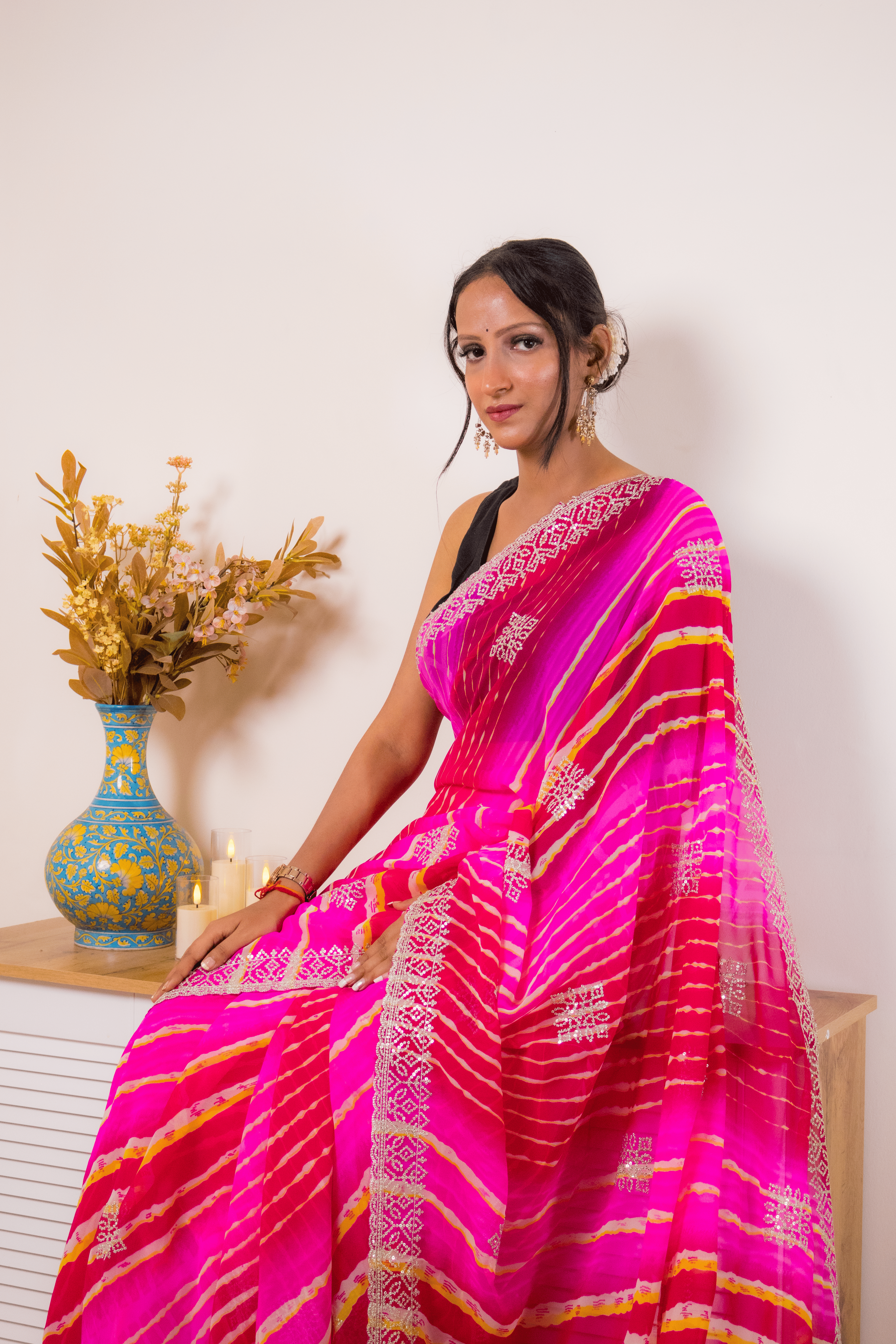 Fuchsia Pink Leheriya Georgette Saree with Zari Border - IMG_1442