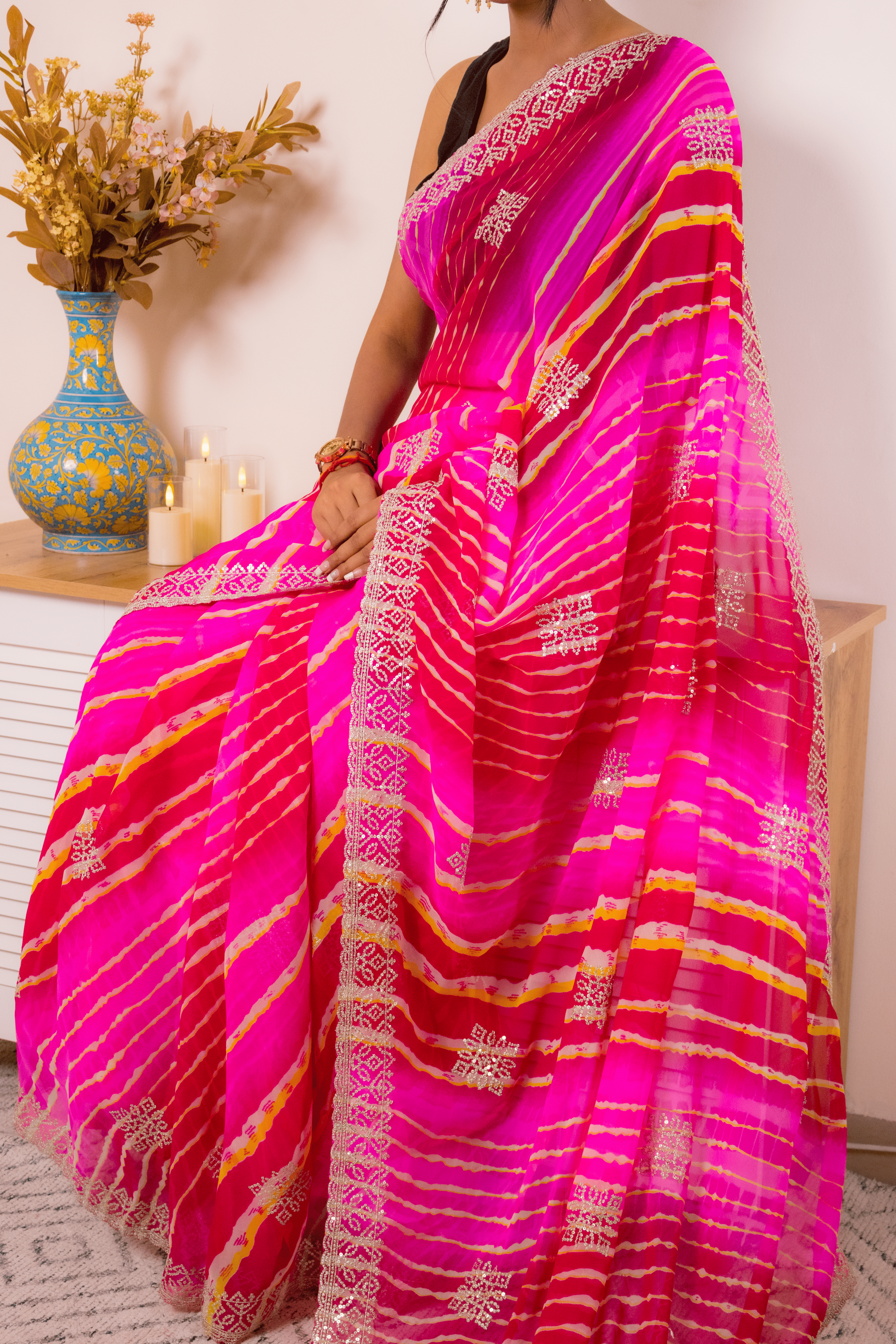 Fuchsia Pink Leheriya Georgette Saree with Zari Border - IMG_1444