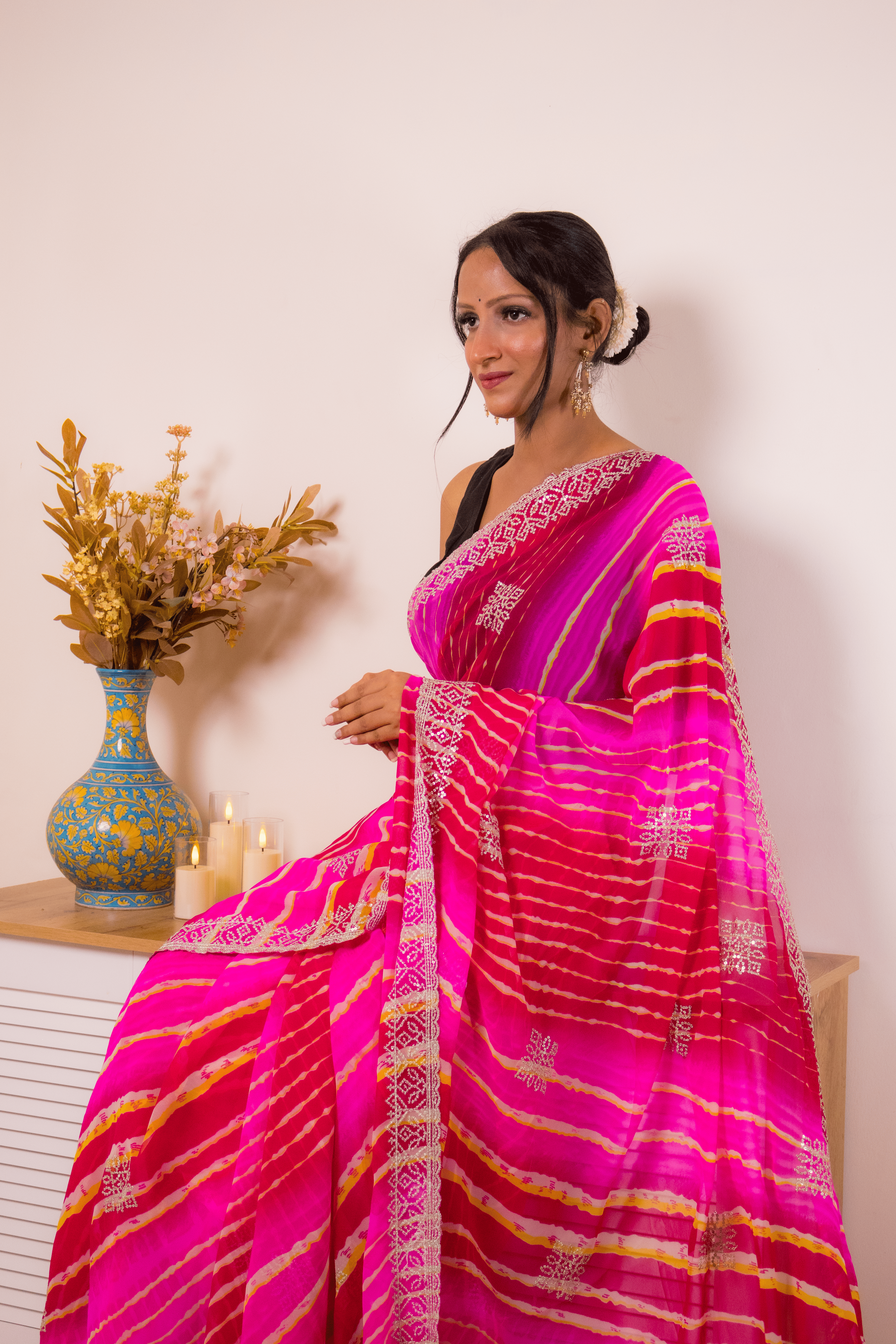 Fuchsia Pink Leheriya Georgette Saree with Zari Border - IMG_1445