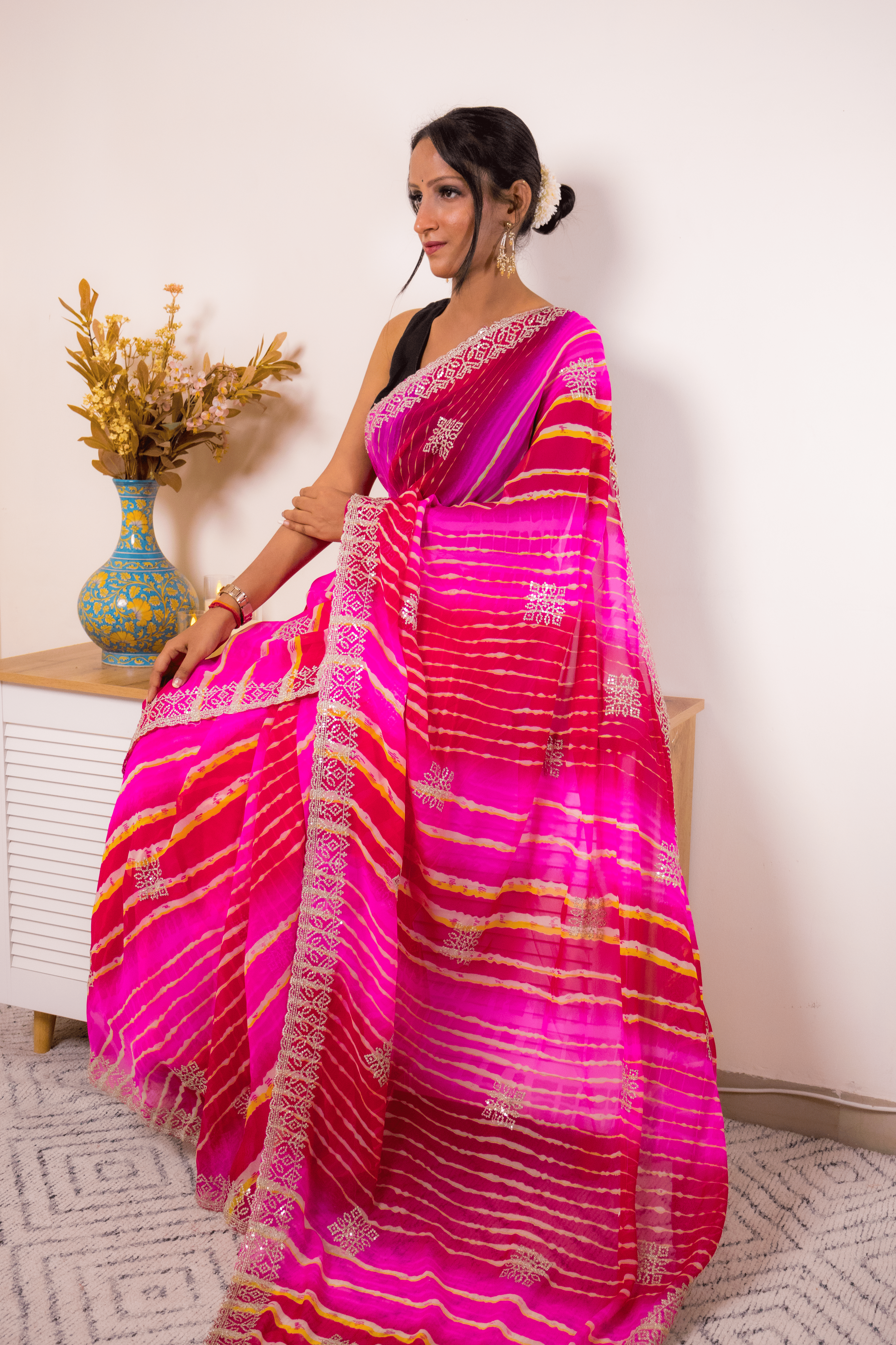 Fuchsia Pink Leheriya Georgette Saree with Zari Border - IMG_1446