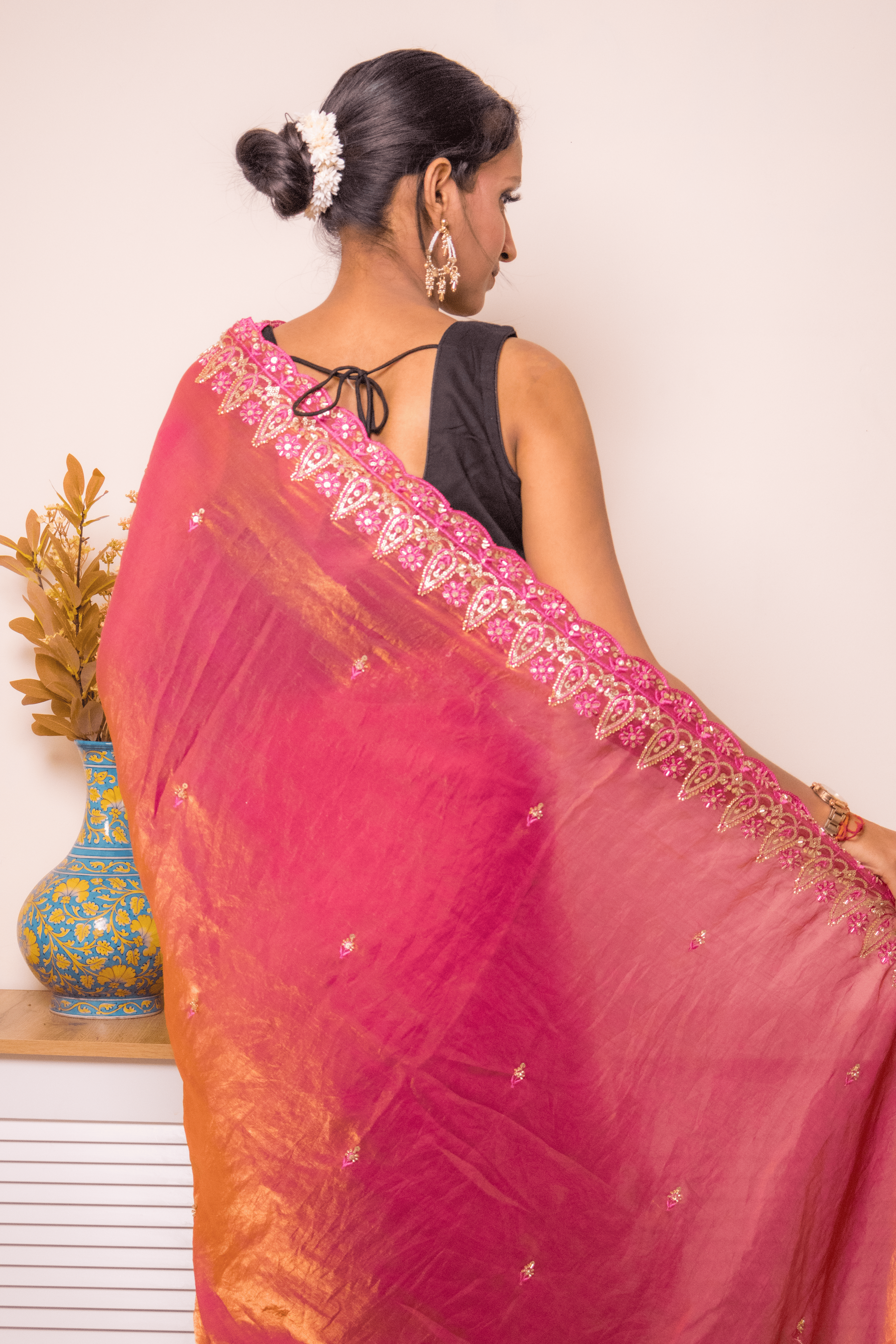 Magenta-Copper Tissue Silk Saree with Embroidered Zari Border - IMG_1458