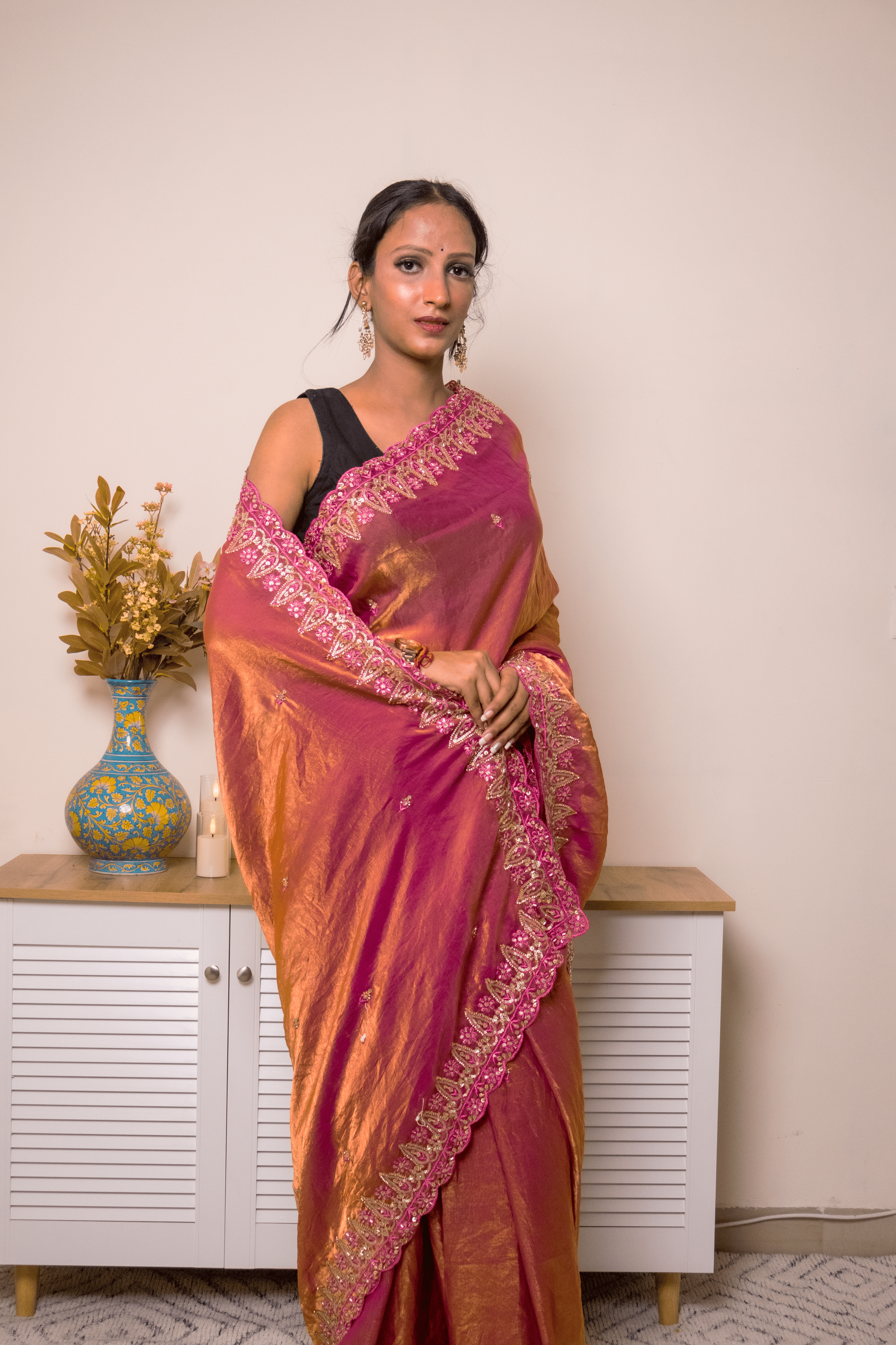 Magenta-Copper Tissue Silk Saree with Embroidered Zari Border - IMG_1461
