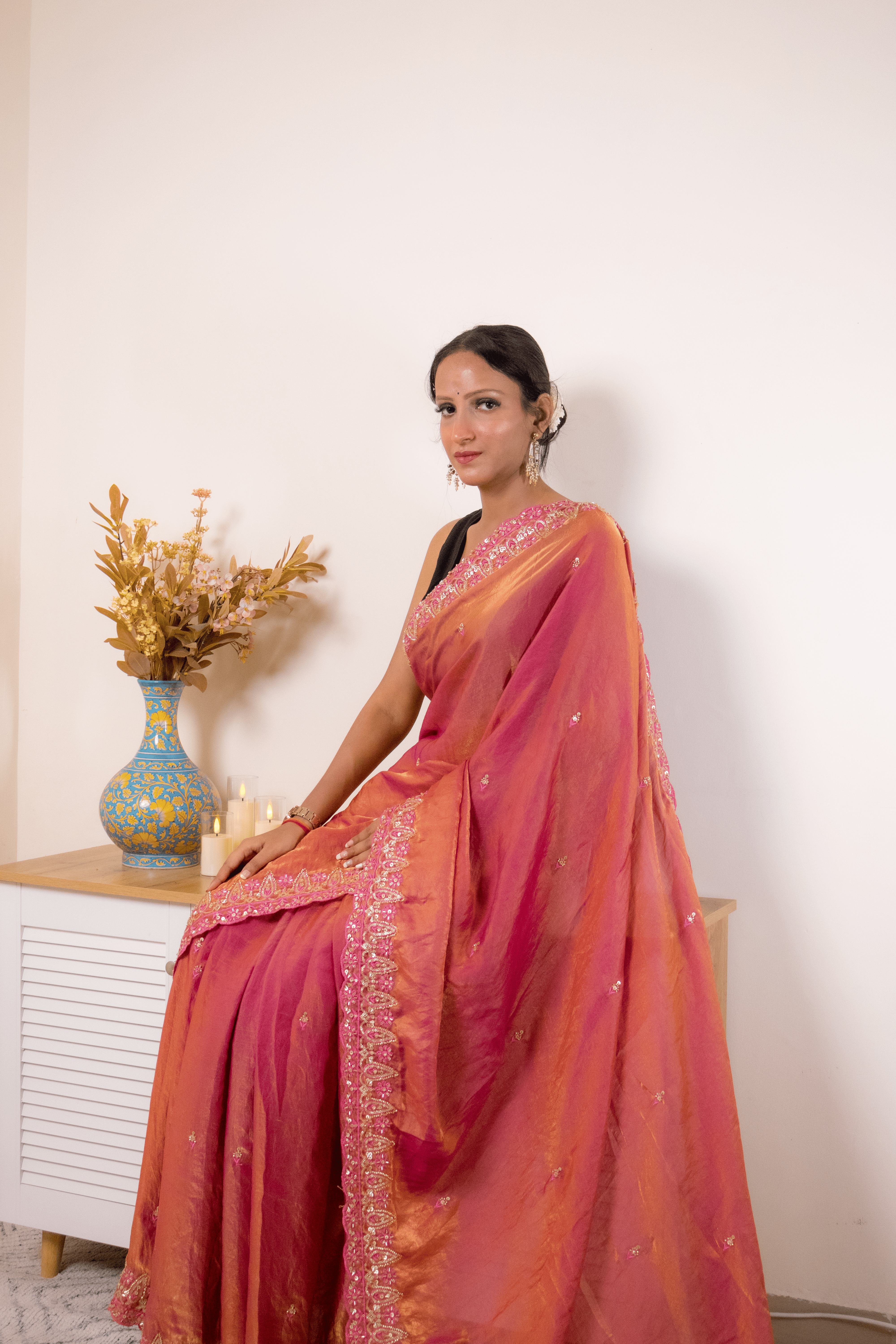 Magenta-Copper Tissue Silk Saree with Embroidered Zari Border - IMG_1462