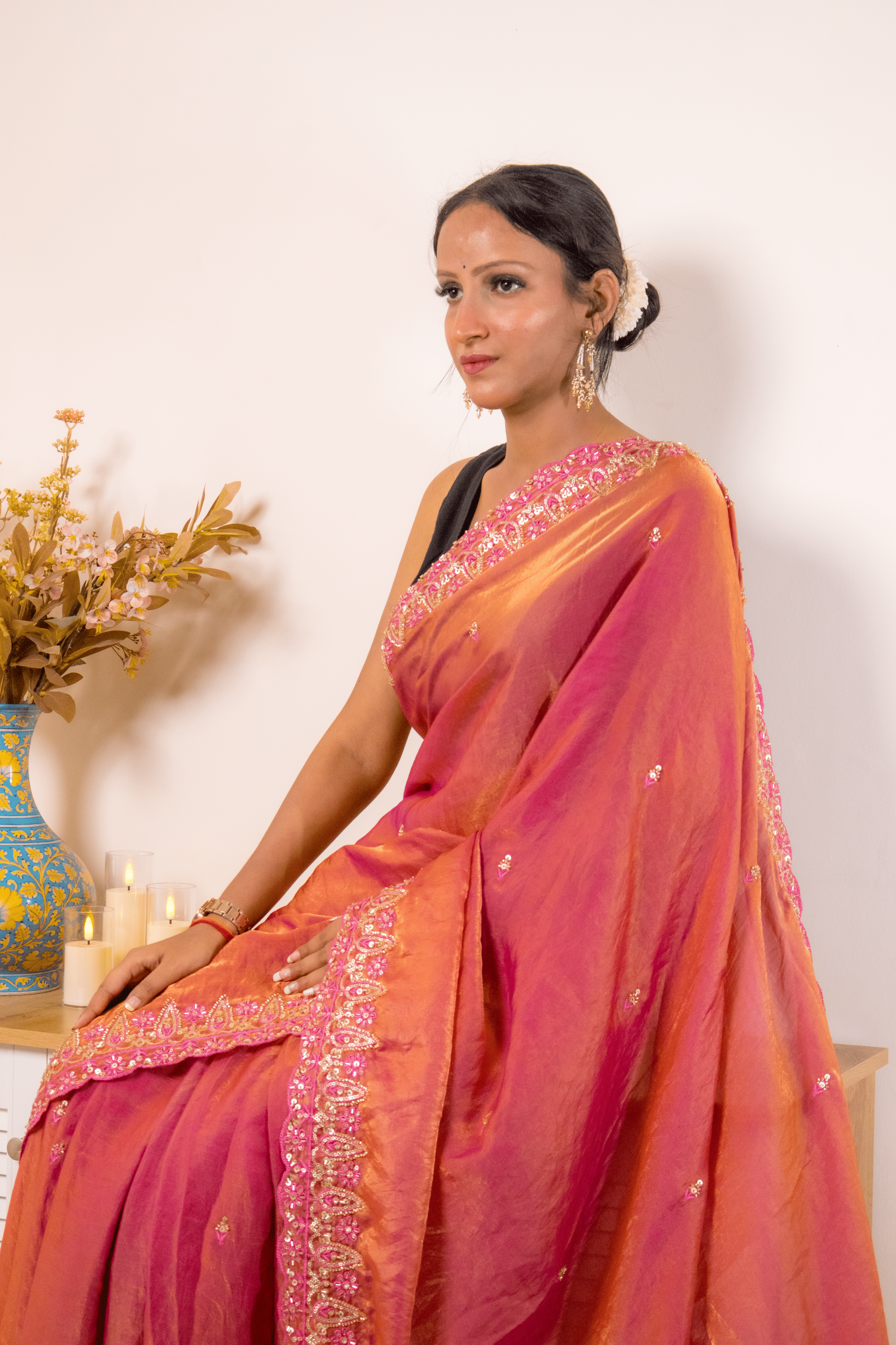 Magenta-Copper Tissue Silk Saree with Embroidered Zari Border - IMG_1464