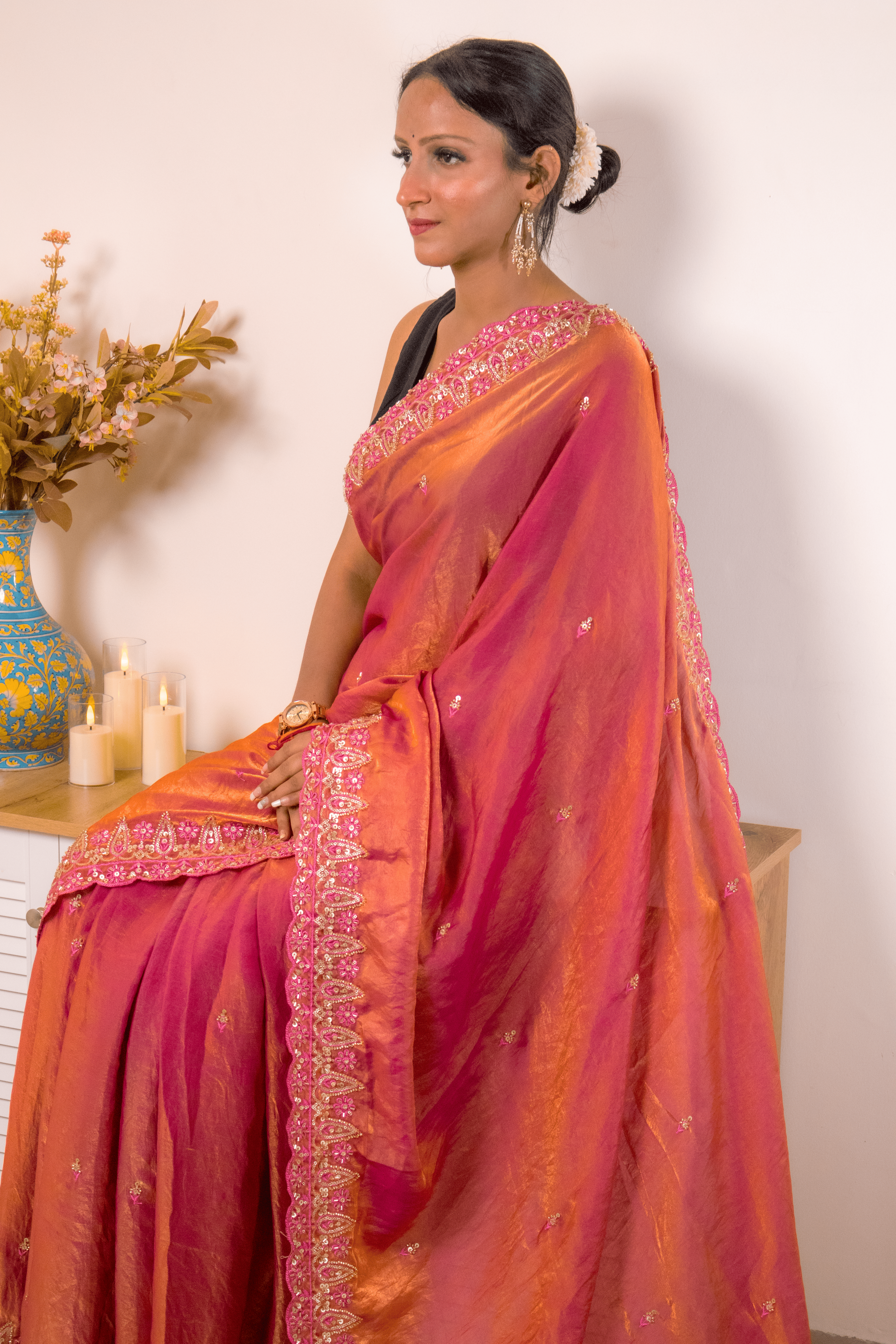 Magenta-Copper Tissue Silk Saree with Embroidered Zari Border - IMG_1466