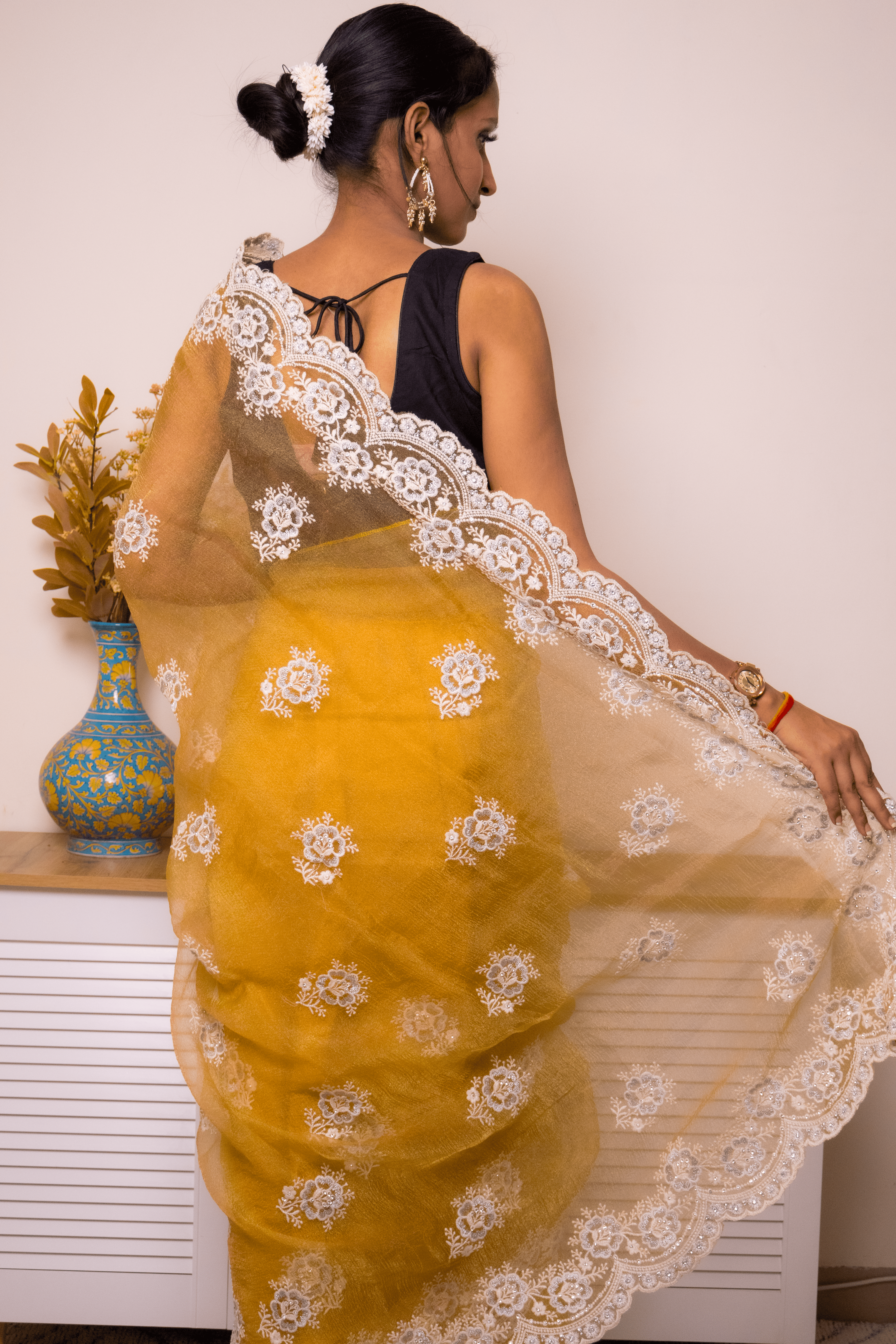 Mustard Lucknowi Chikankari Organza Saree - IMG_1477