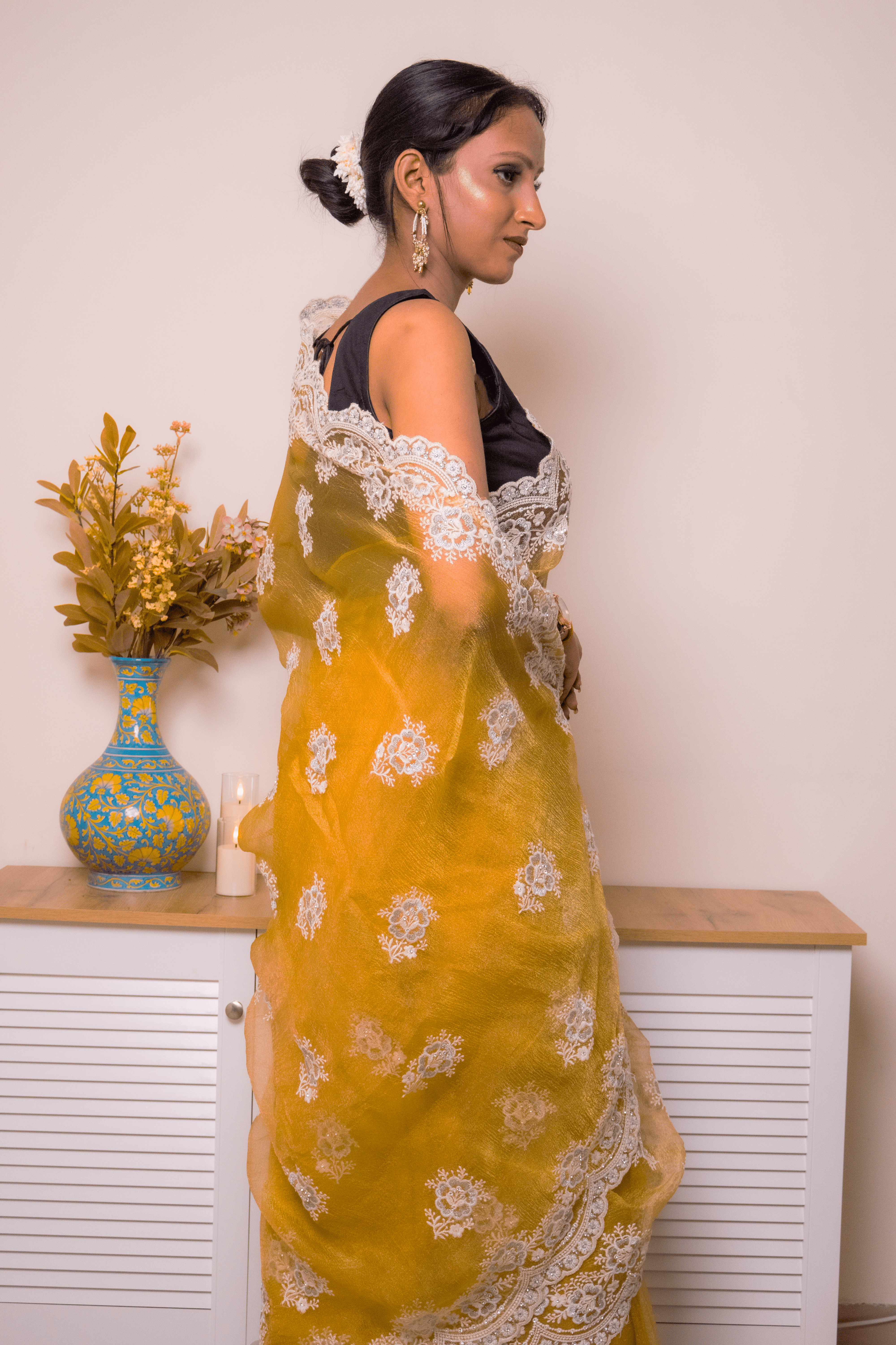 Mustard Lucknowi Chikankari Organza Saree - IMG_1478