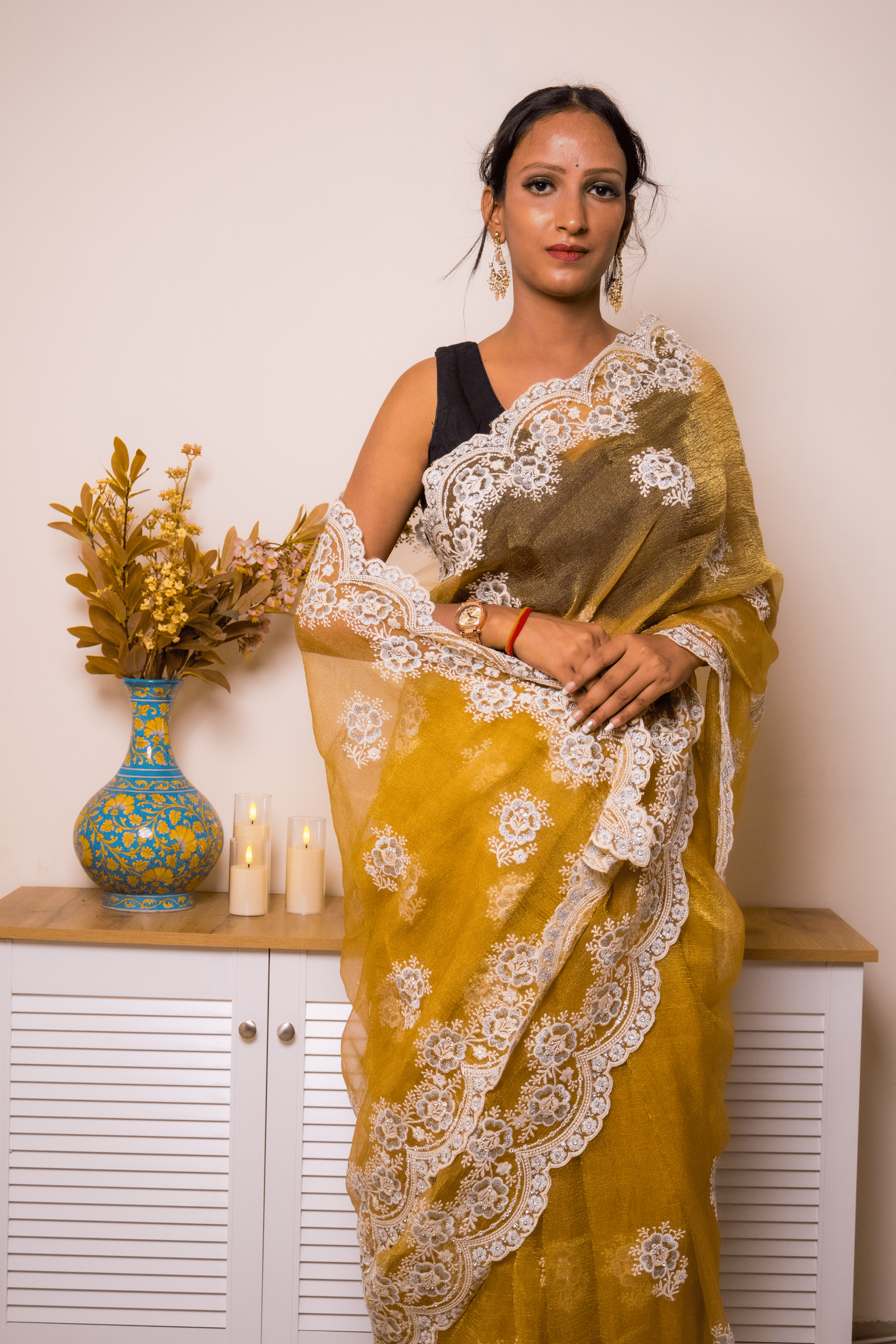 Mustard Lucknowi Chikankari Organza Saree - IMG_1479