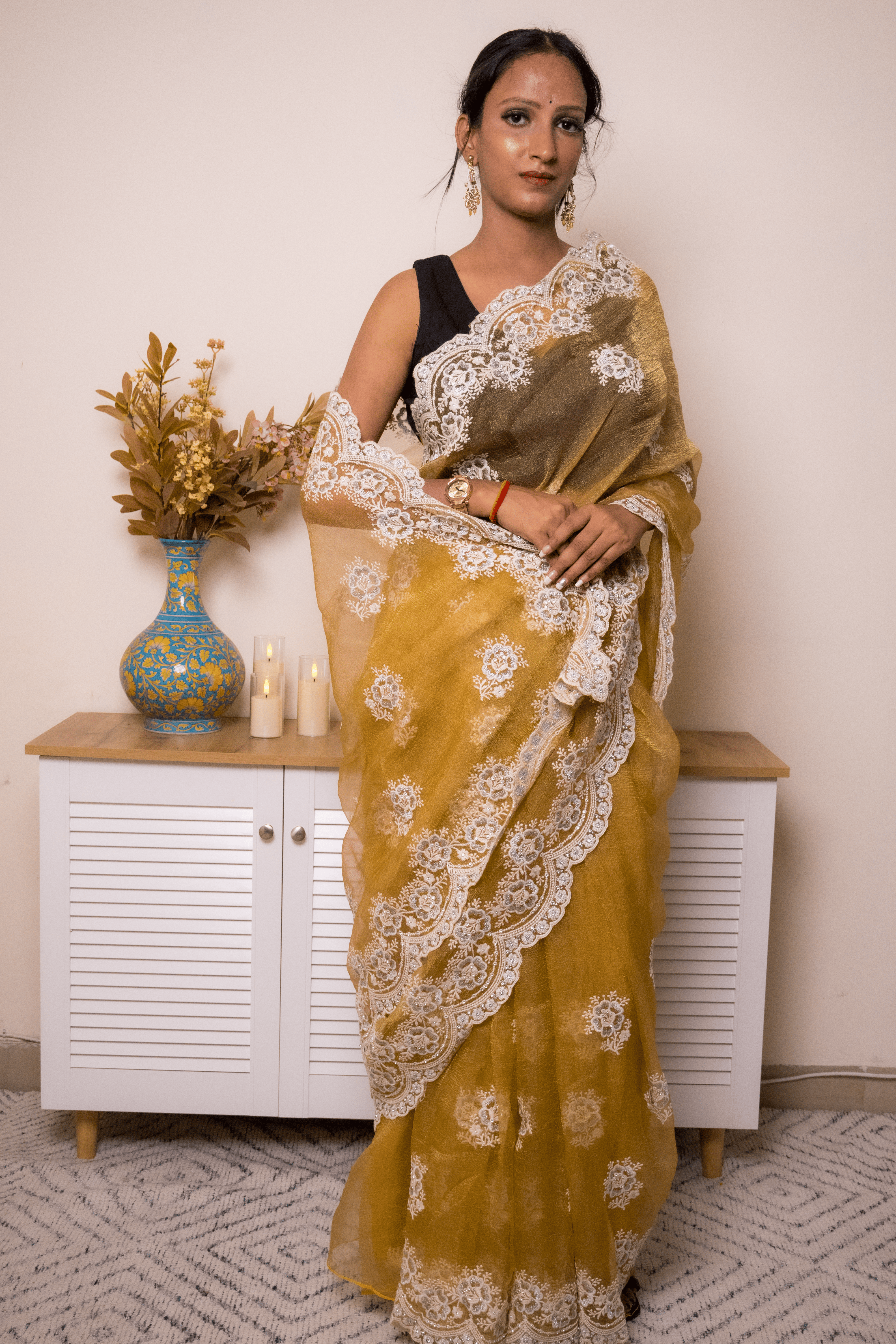 Mustard Lucknowi Chikankari Organza Saree - IMG_1481