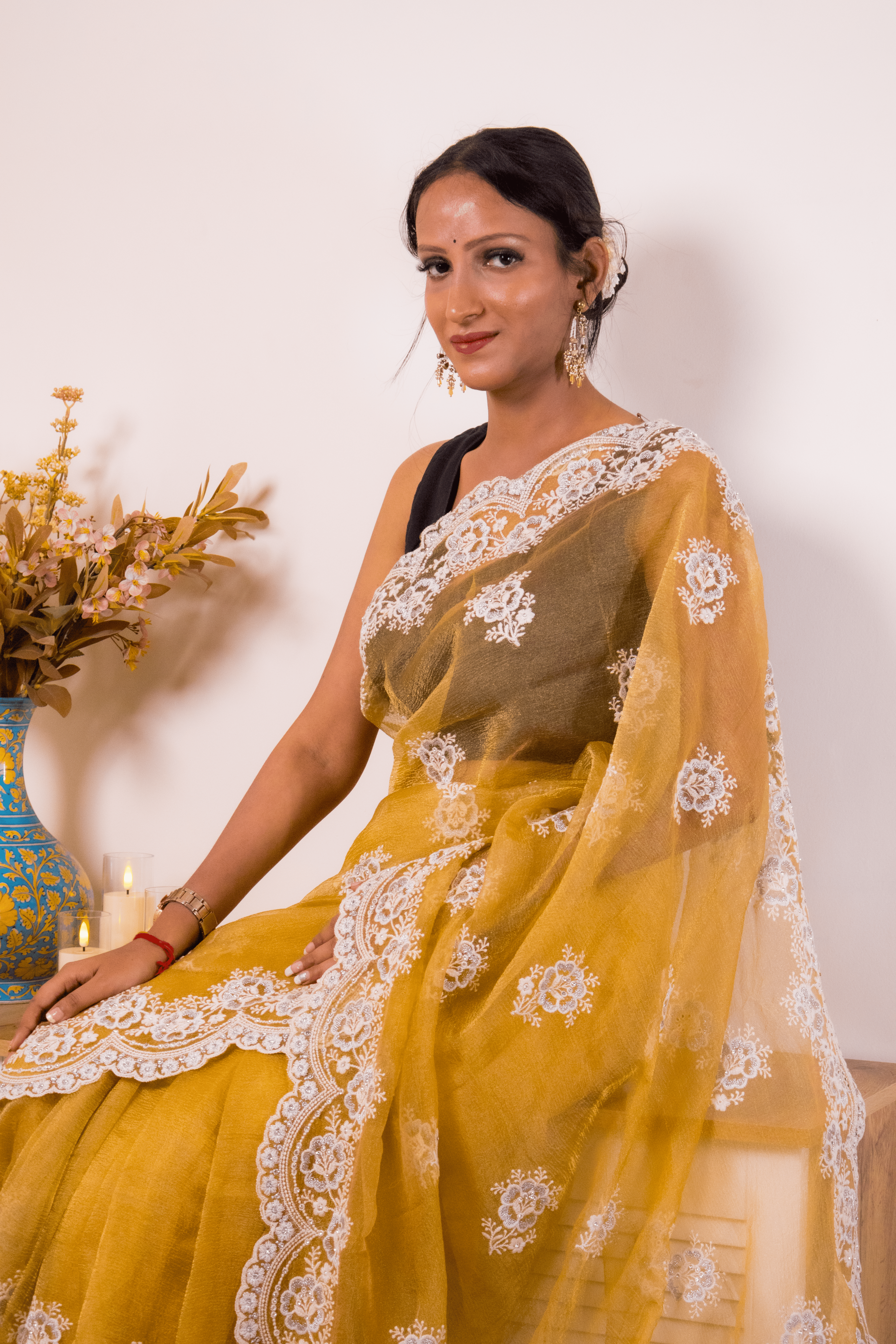 Mustard Lucknowi Chikankari Organza Saree - IMG_1482