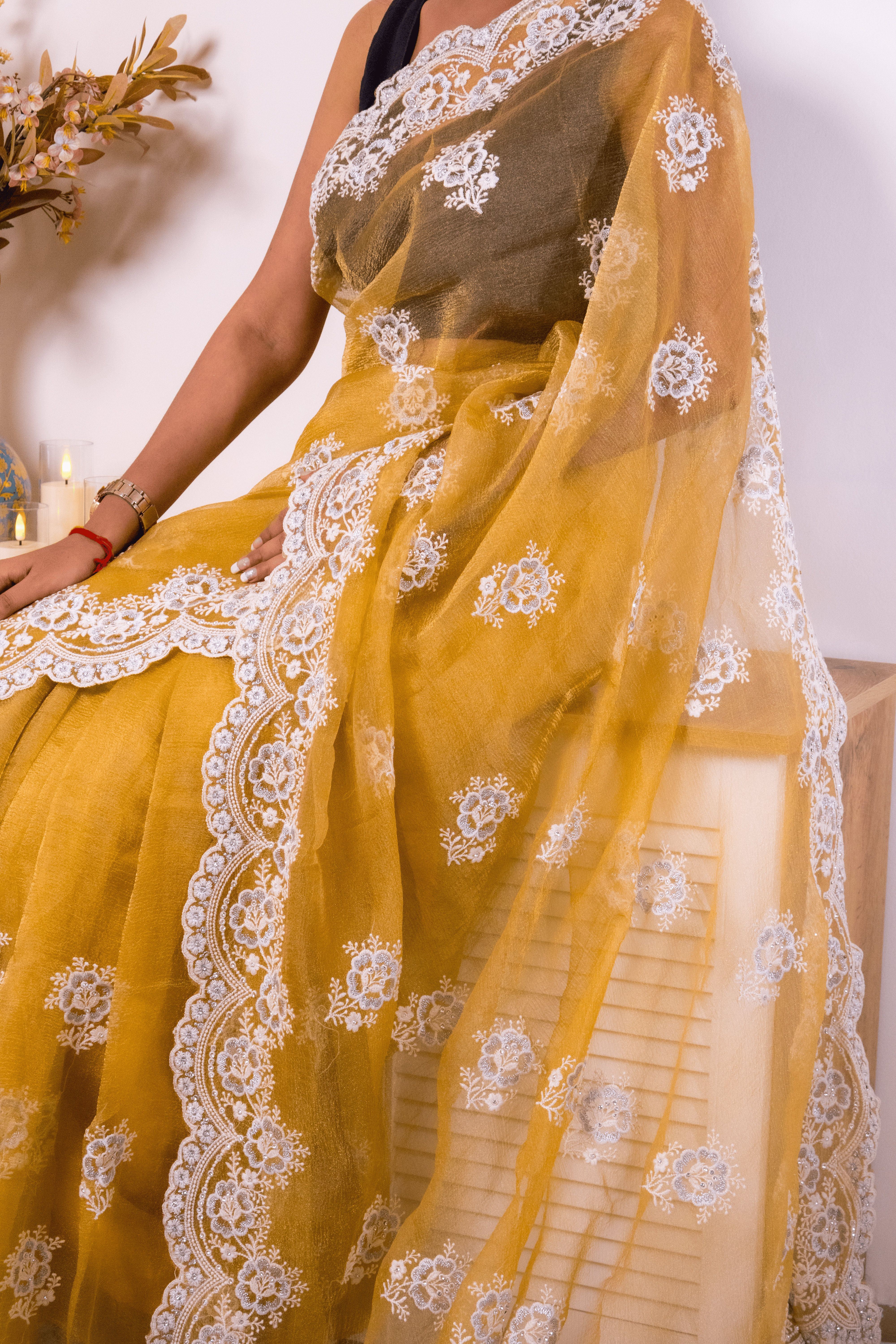 Mustard Lucknowi Chikankari Organza Saree - IMG_1483