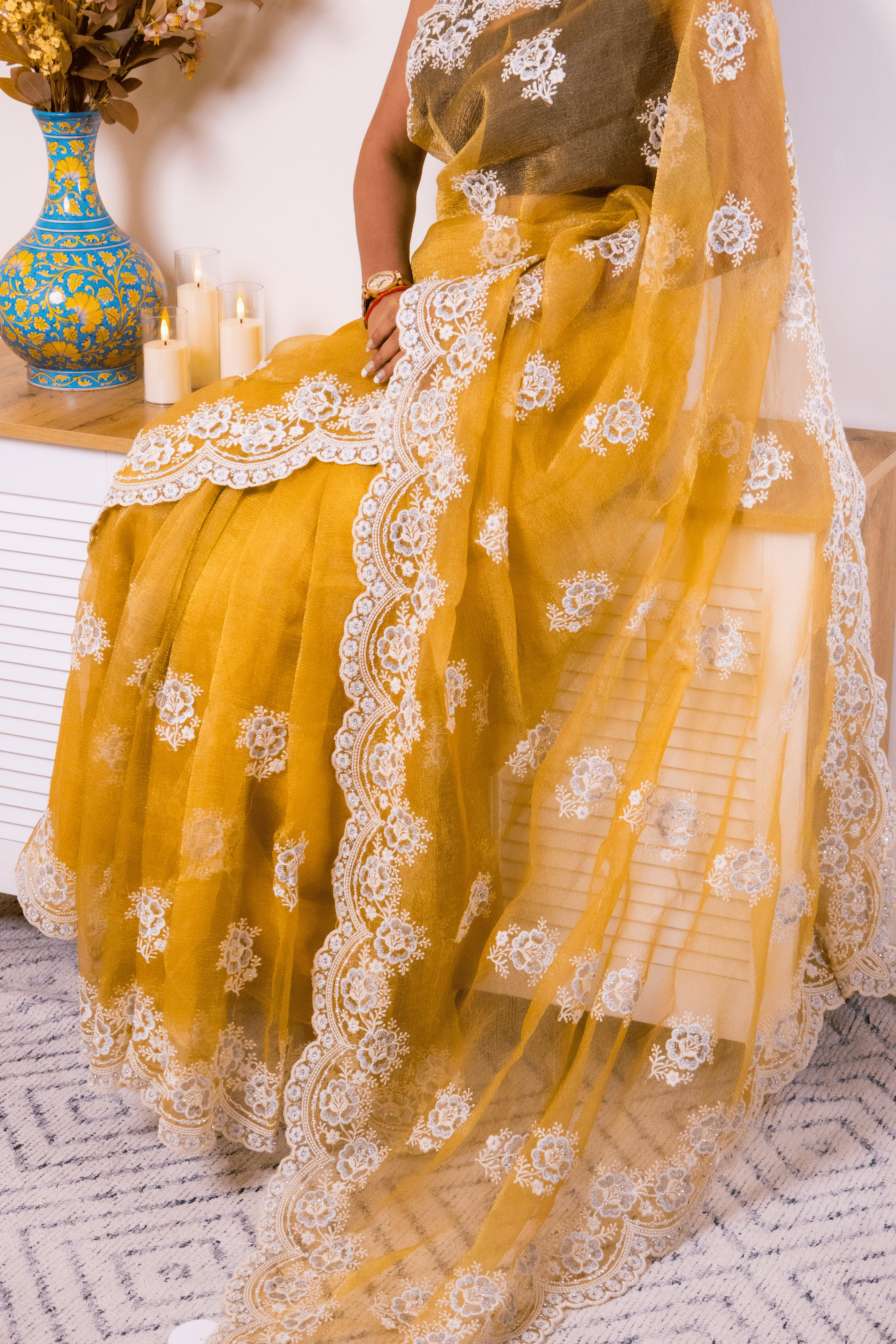 Mustard Lucknowi Chikankari Organza Saree - IMG_1484