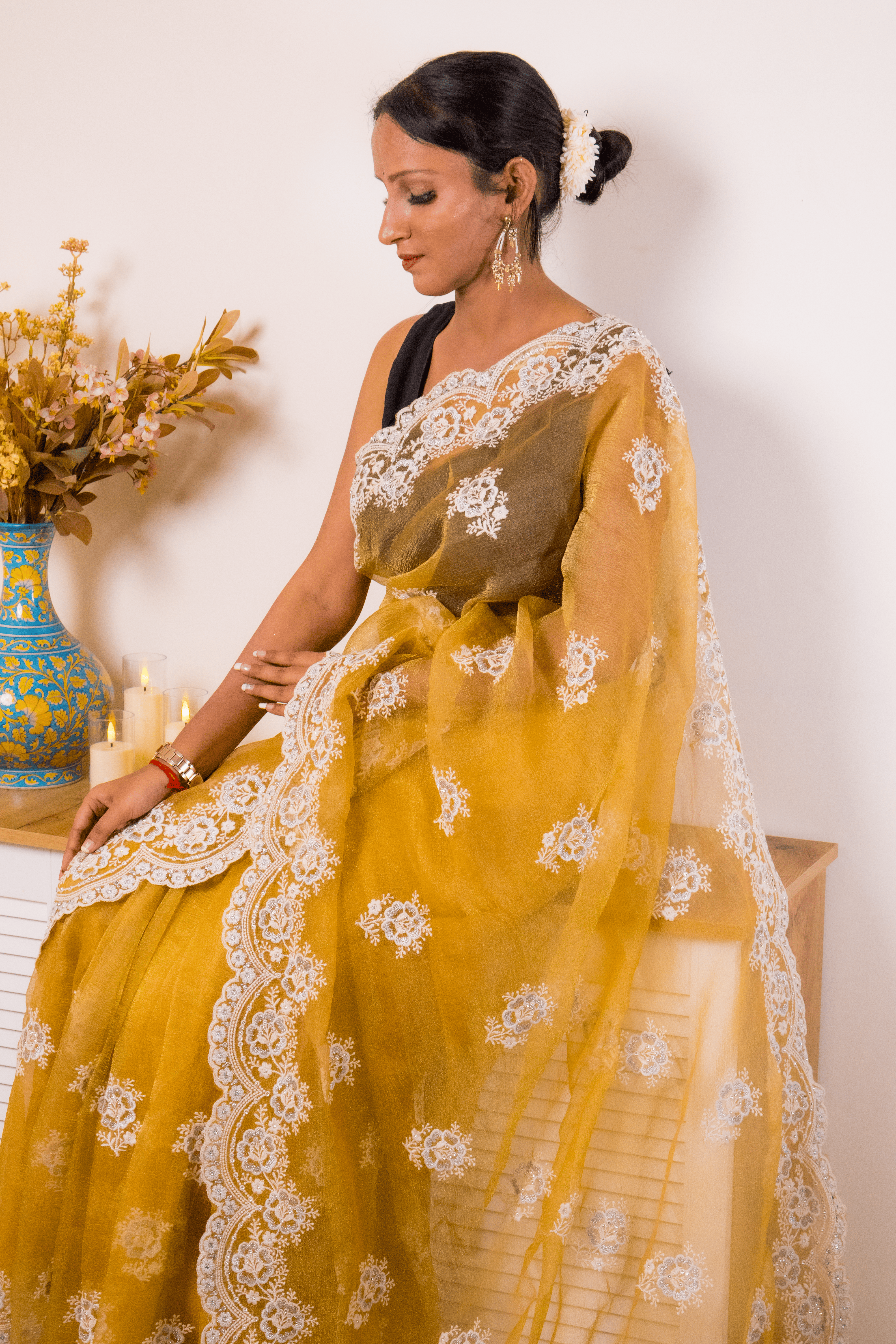 Mustard Lucknowi Chikankari Organza Saree - IMG_1487