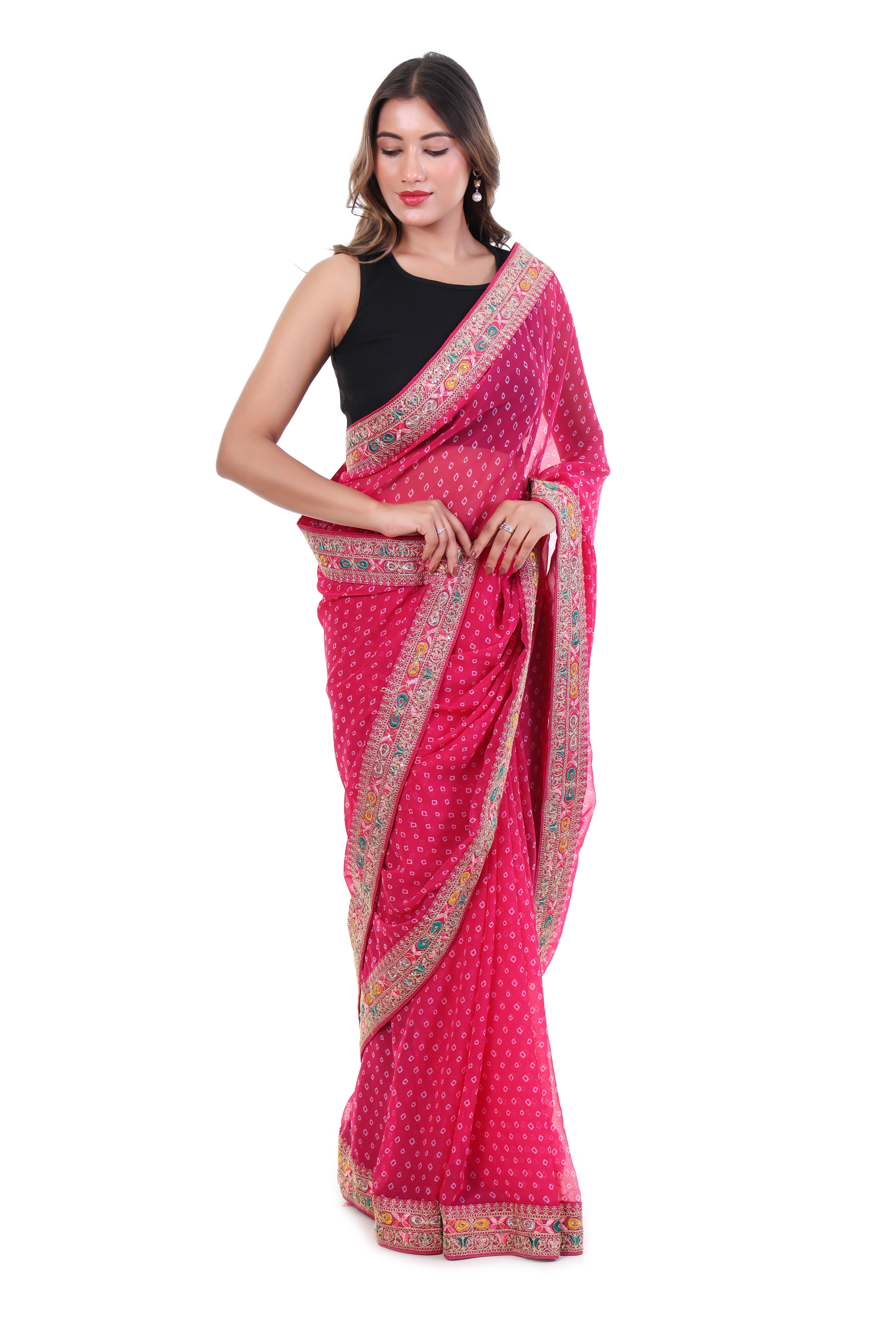 Fuchsia Pink Bandhani Saree