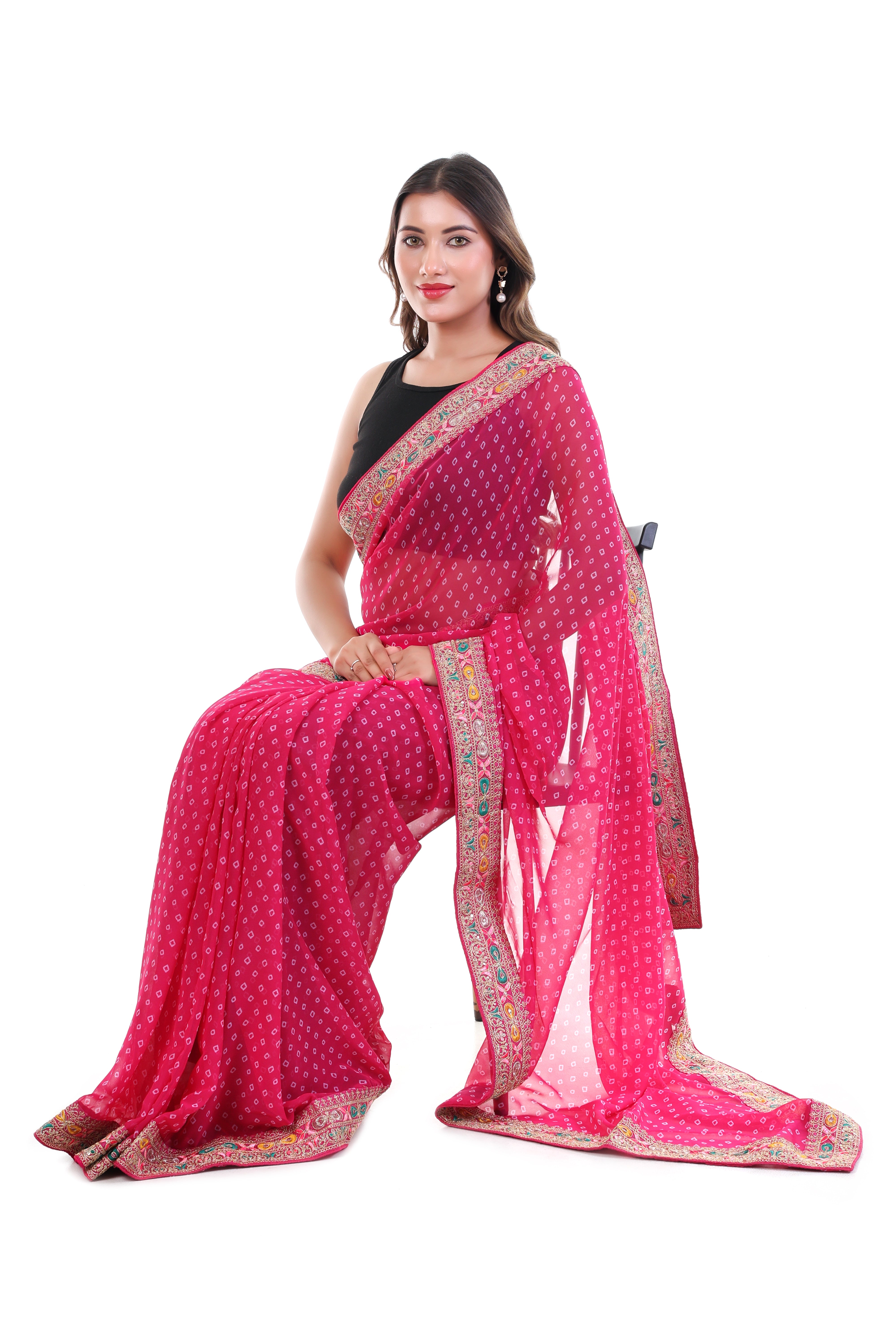 Fuchsia Pink Bandhani Saree