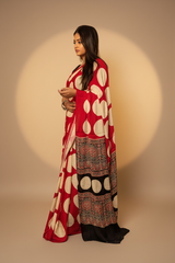 Crimson Ivory Ajrakh Polka Modal Saree with Printed Border