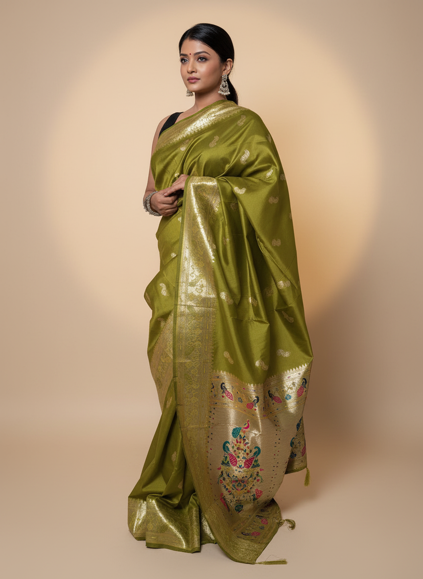 Olive Paithani Silk Saree With Multicolor Zari Pallu (VS-ZFY355) - 1