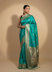 Teal Paithani Silk Saree With Multicolor Zari Pallu (VS-ZFY355) - 1
