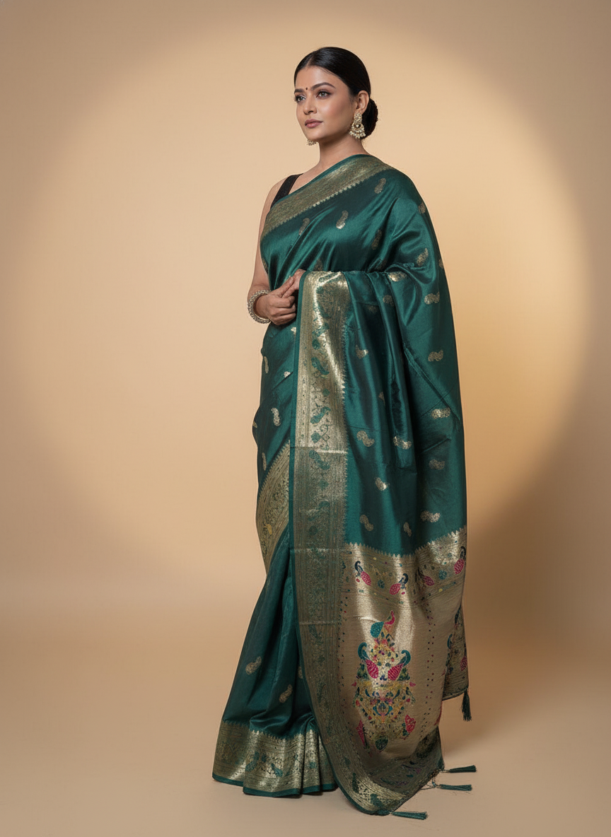 Dark Teal Saffron Paithani Silk Saree Multicolor Zari Pallu (VS-ZFY355) - 1