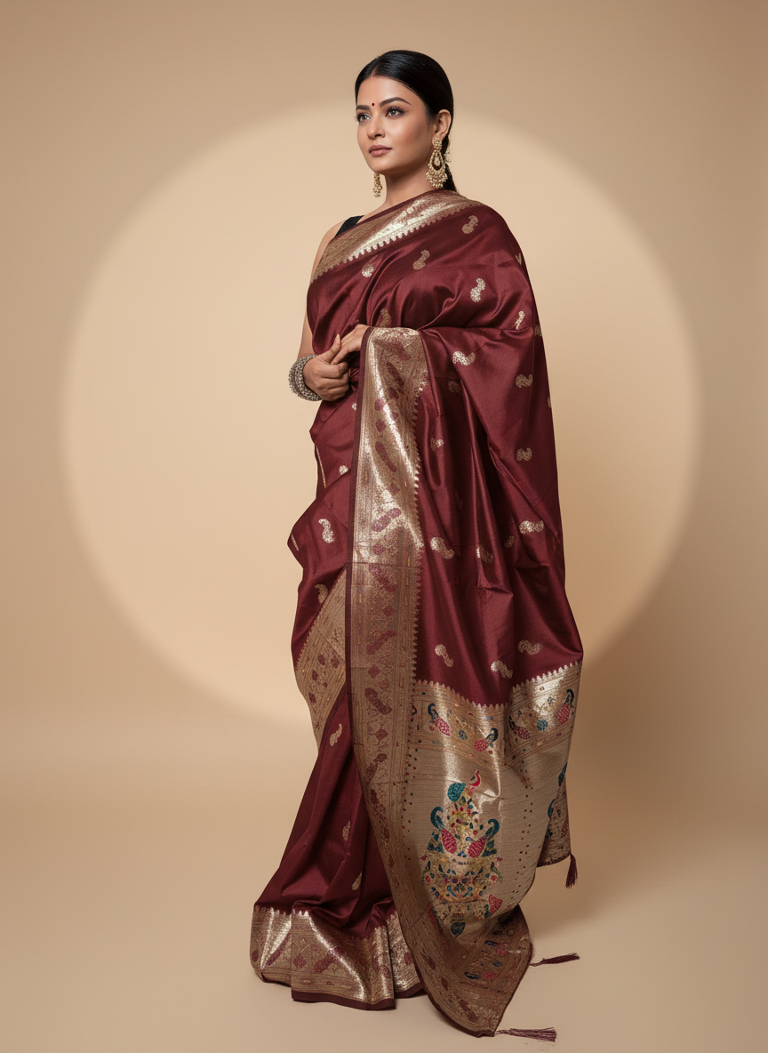 Marron Paithani Silk Saree With Multicolor Zari Pallu (VS-ZFY355) - 1