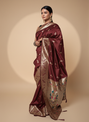Marron Paithani Silk Saree With Multicolor Zari Pallu (VS-ZFY355) - 1