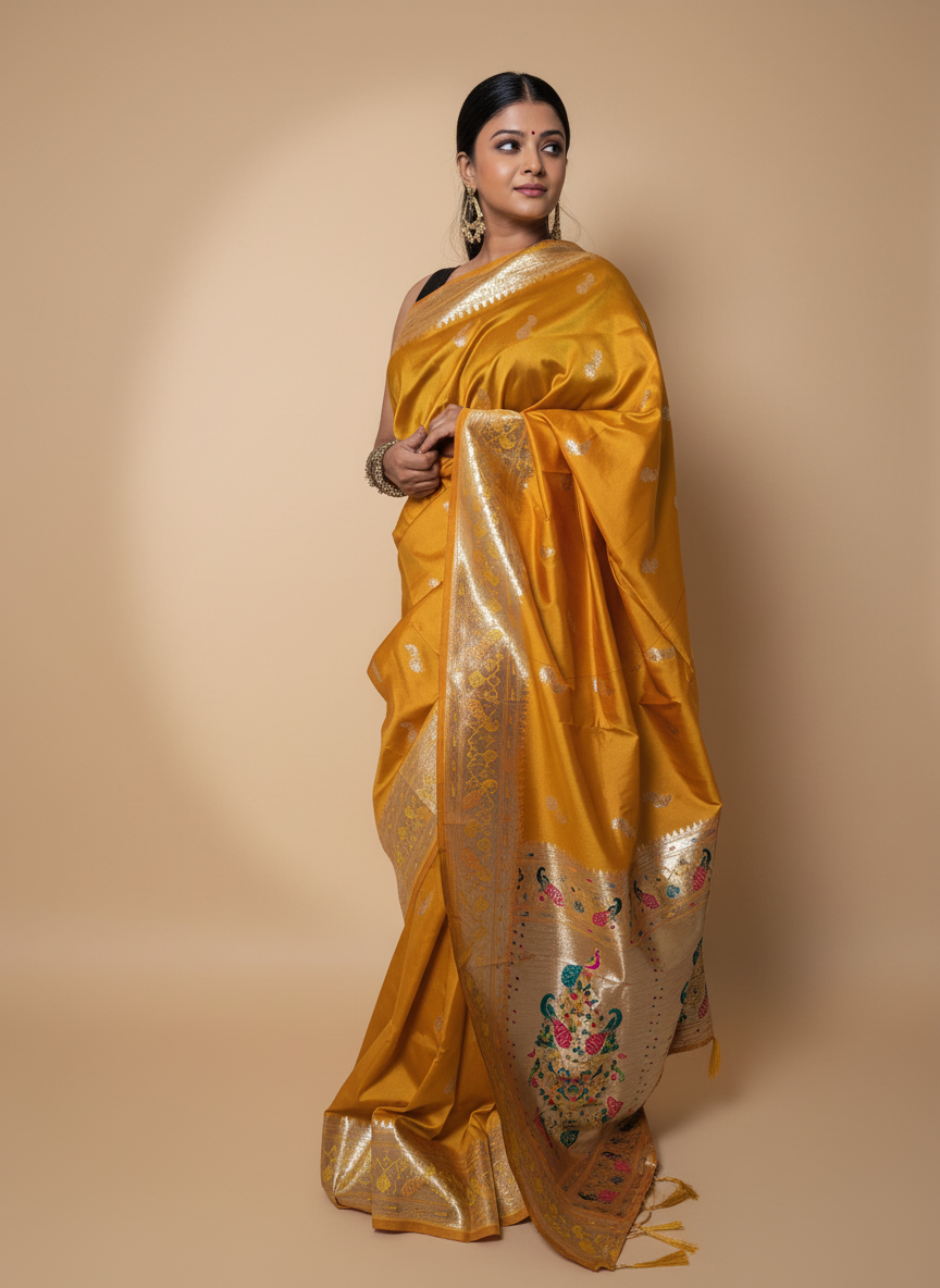 Mustard Yellow Paithani Silk Saree with Multicolor Zari Pallu (VS-ZFY355) - 1