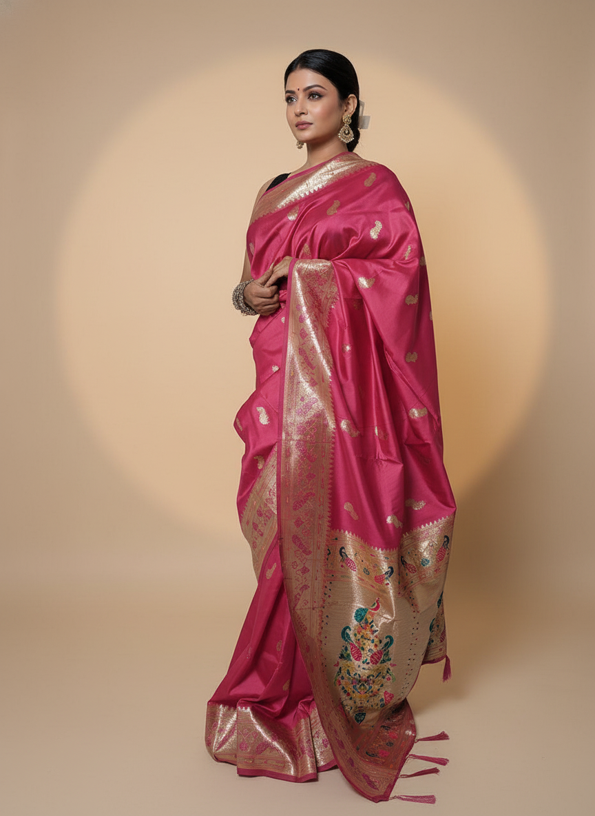 Rani Pink Paithani Silk Saree With Multicolor Zari Pallu (VS-ZFY355) - 1