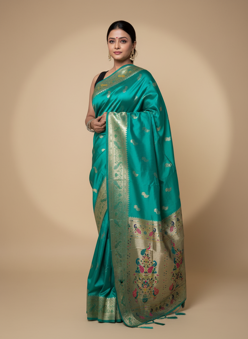 Teal Paithani Silk Saree With Multicolor Zari Pallu (VS-ZFY355) - 2