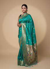 Teal Paithani Silk Saree With Multicolor Zari Pallu (VS-ZFY355) - 2
