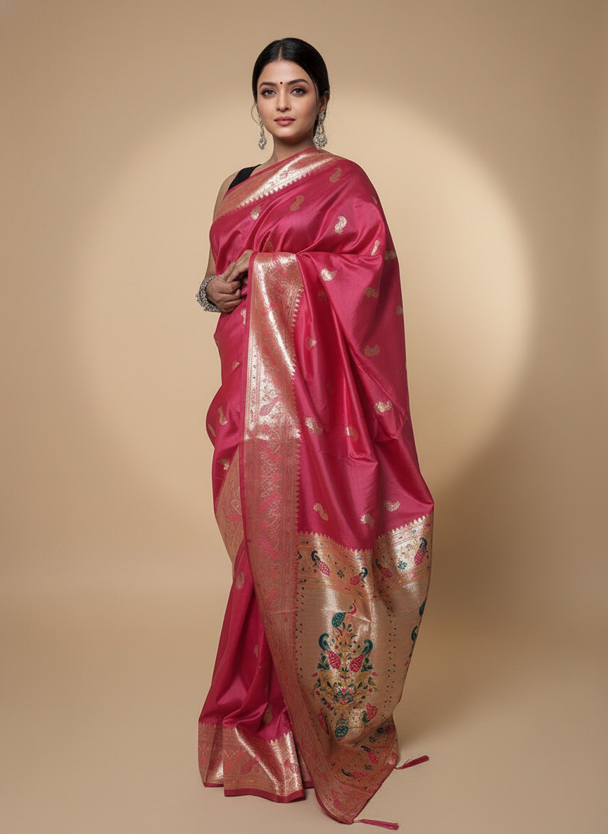 Rani Pink Paithani Silk Saree With Multicolor Zari Pallu (VS-ZFY355) - 2